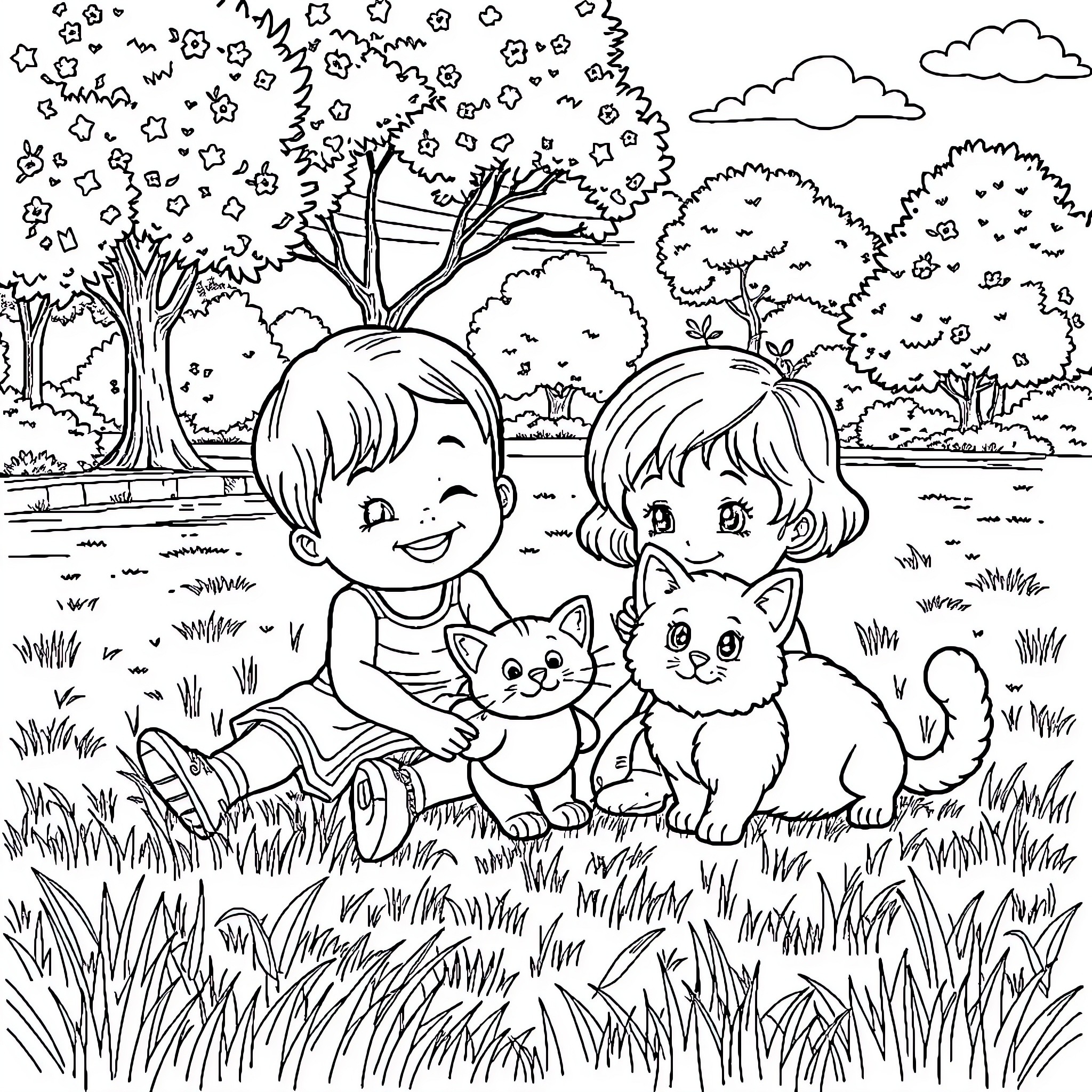 Girl Playing with Kittens in the Park Coloring Page (free black-and-white line drawing printable PDF for all, from beginners to advanced learners, including children, teens, adults, and seniors)