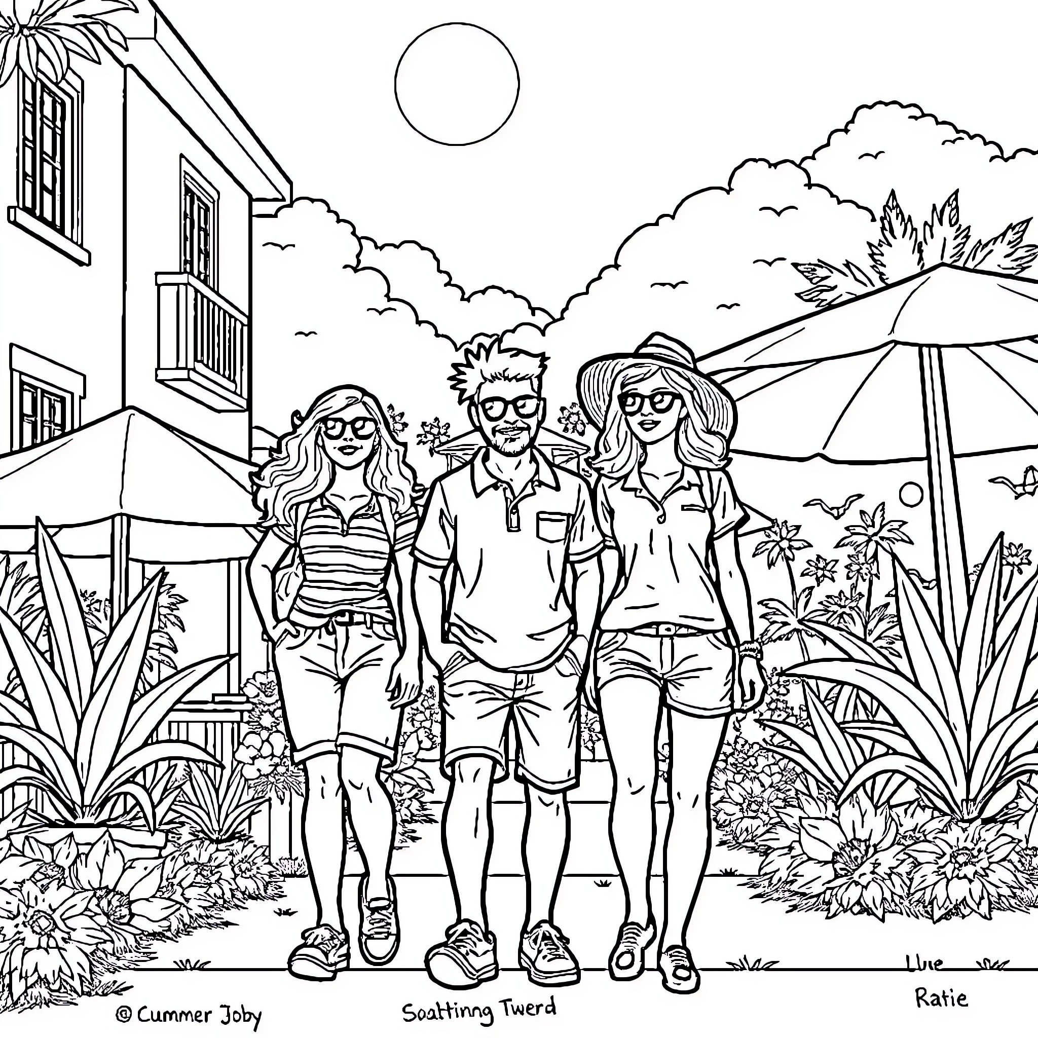 Summer friends enjoying outdoor adventure Coloring Page (free black-and-white line drawing printable PDF for all, from beginners to advanced learners, including children, teens, adults, and seniors)