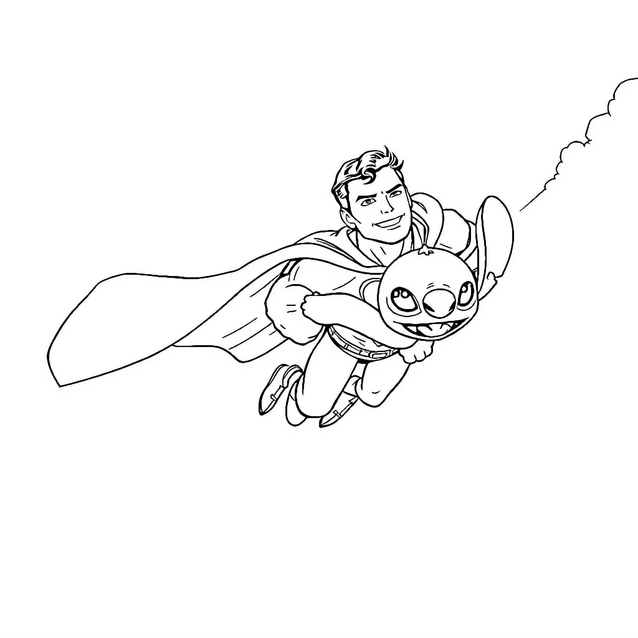 Superman flies with his alien companion Coloring Page (free black-and-white line drawing printable PDF for all, from beginners to advanced learners, including children, teens, adults, and seniors)