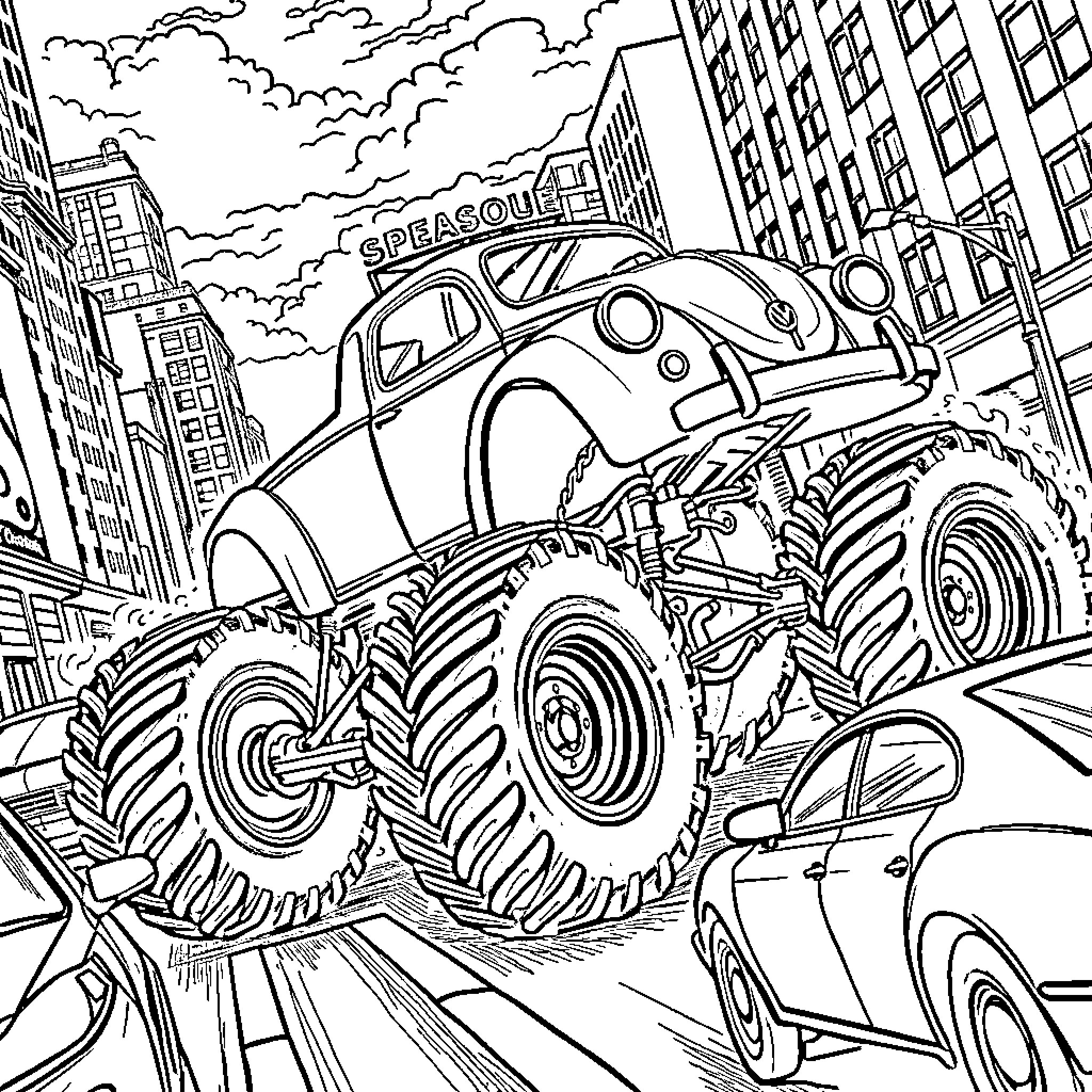 VW Beetle Monster Truck Crushes Cars in City Coloring Page (free black-and-white line drawing printable PDF for all, from beginners to advanced learners, including children, teens, adults, and seniors)