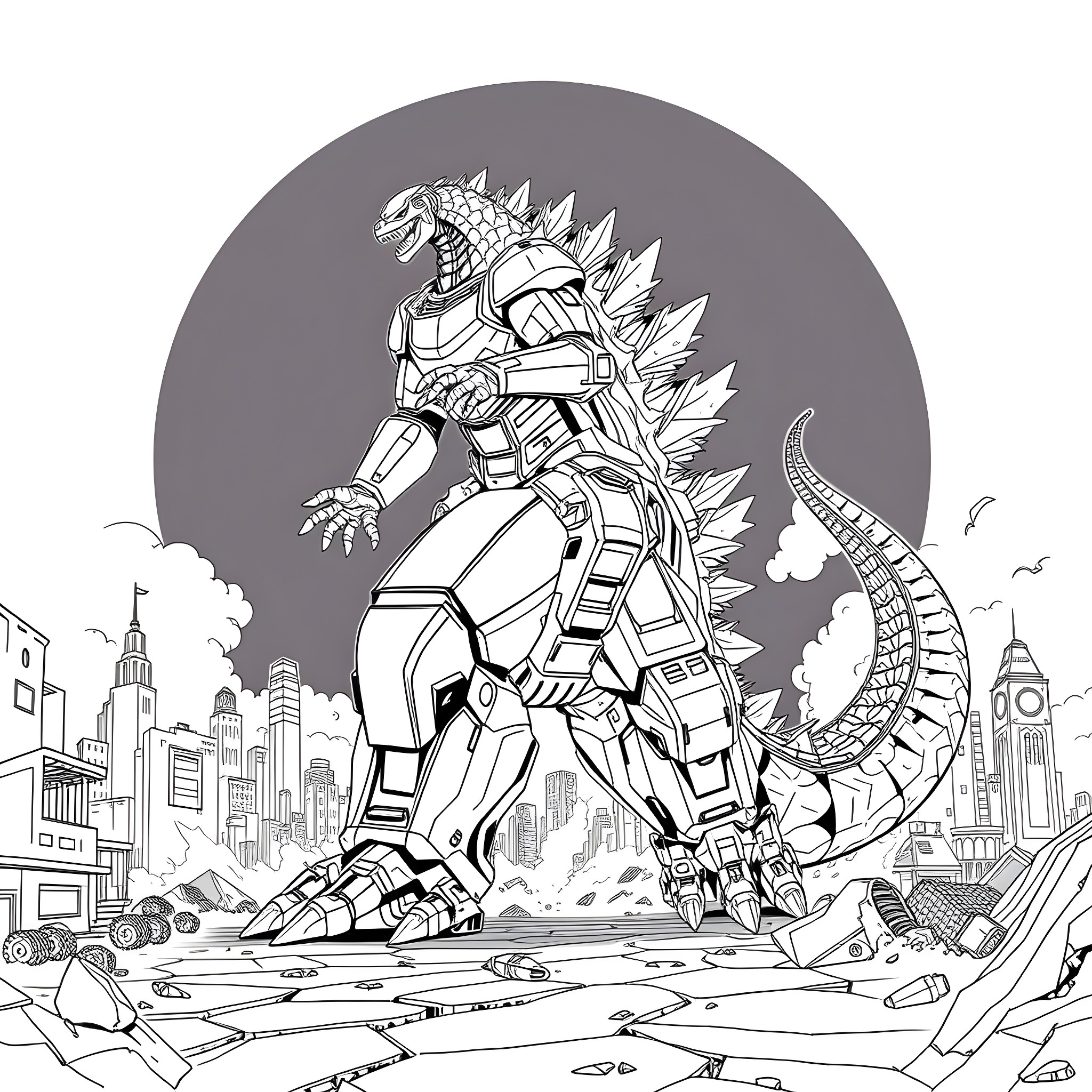 Robot Godzilla-like mech stomping through a destroyed city Coloring Page (free black-and-white line drawing printable PDF for all, from beginners to advanced learners, including children, teens, adults, and seniors)