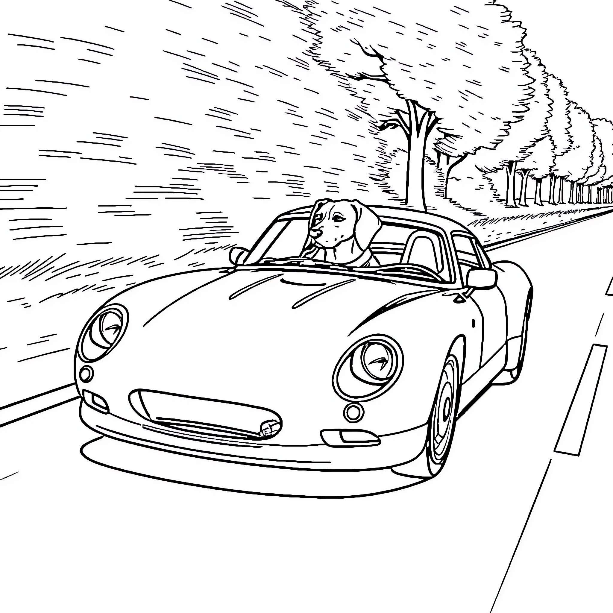 TVR sports car speeding on a winding road Coloring Page (free black-and-white line drawing printable PDF for all, from beginners to advanced learners, including children, teens, adults, and seniors)
