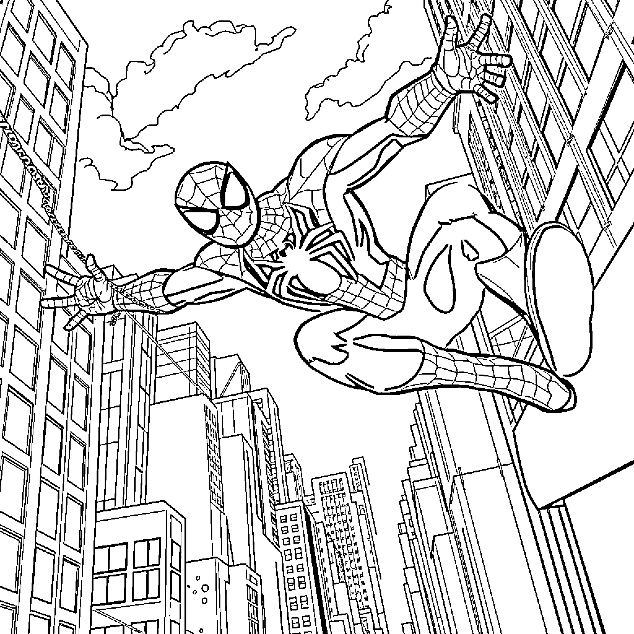Spider-Man swinging heroically through the city Coloring Page (free black-and-white line drawing printable PDF for all, from beginners to advanced learners, including children, teens, adults, and seniors)