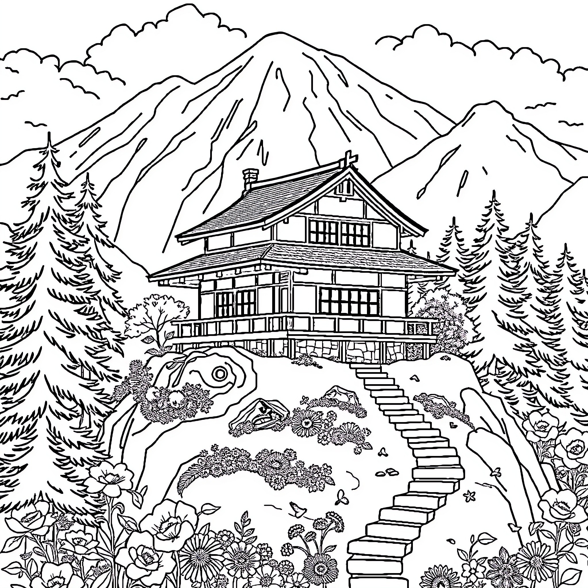Anime House in the Mountainous Landscape Coloring Page (free black-and-white line drawing printable PDF for all, from beginners to advanced learners, including children, teens, adults, and seniors)