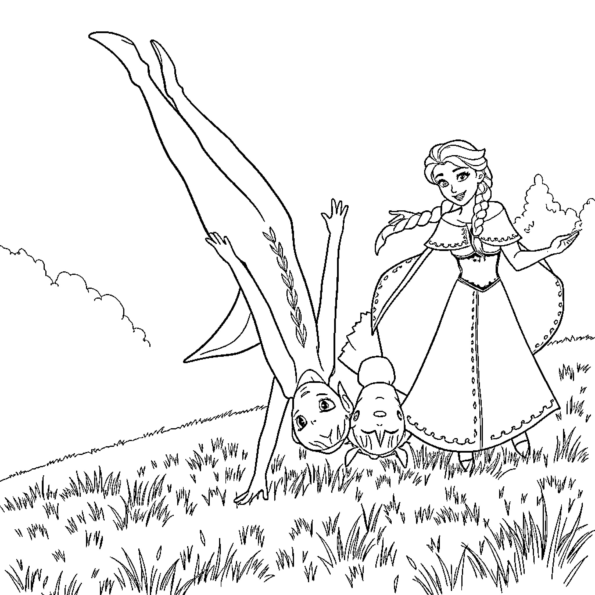 Elsa enjoying nature with Olaf the snowman Coloring Page (free black-and-white line drawing printable PDF for all, from beginners to advanced learners, including children, teens, adults, and seniors)