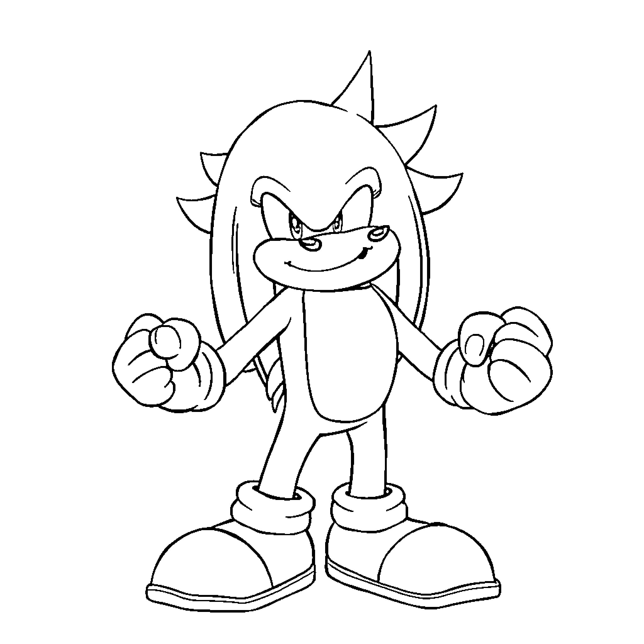 Knuckles the Echidna in action pose Coloring Page (free black-and-white line drawing printable PDF for all, from beginners to advanced learners, including children, teens, adults, and seniors)
