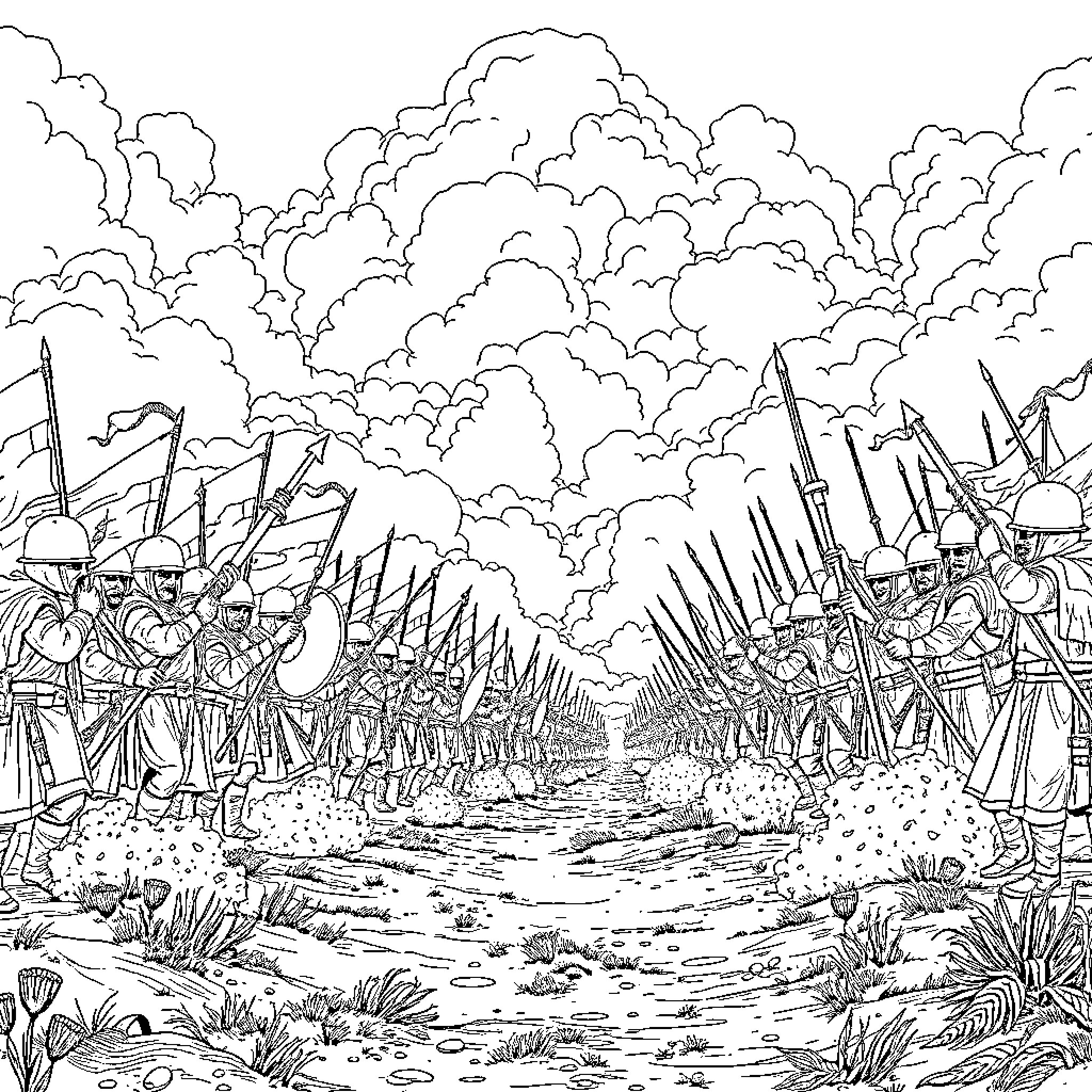 Army of Soldiers Marching Through Battlefield Coloring Page (free black-and-white line drawing printable PDF for all, from beginners to advanced learners, including children, teens, adults, and seniors)