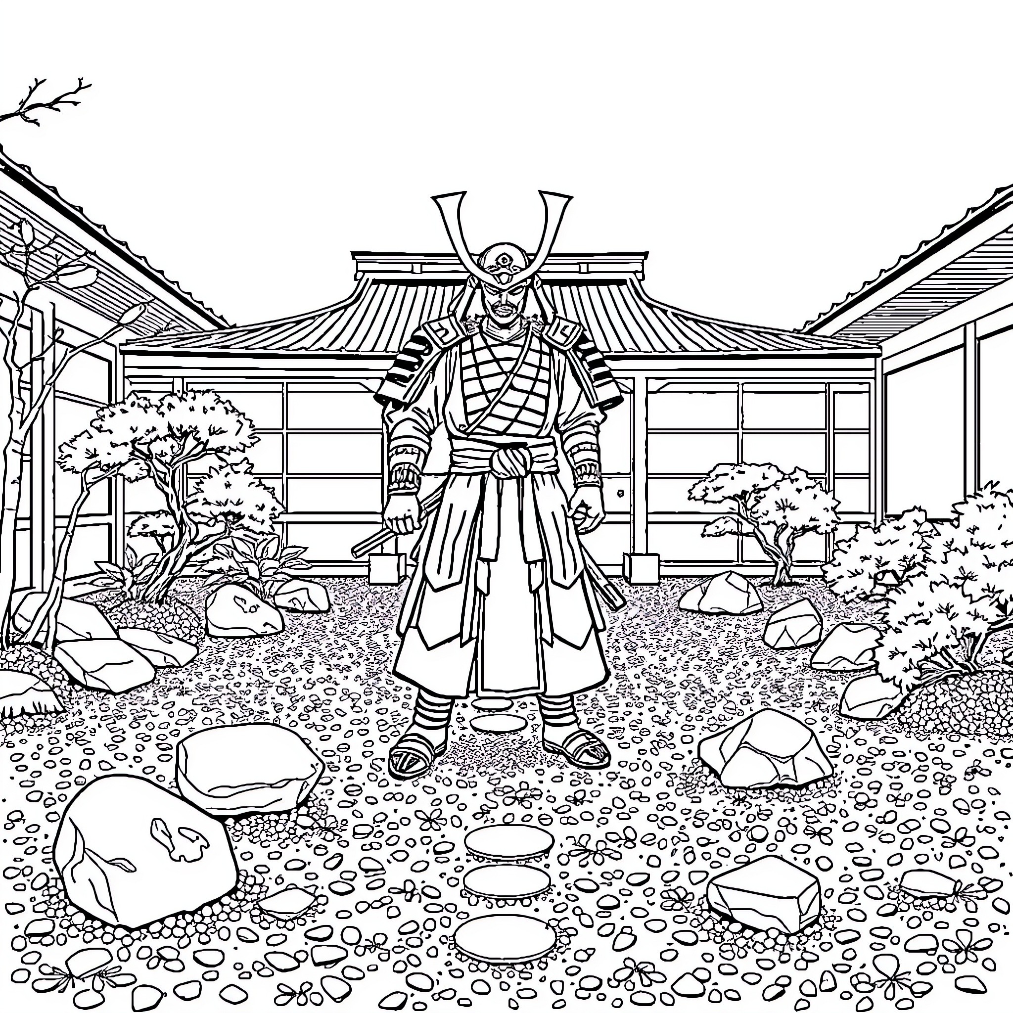 Samurai warrior in a traditional Japanese garden Coloring Page (free black-and-white line drawing printable PDF for all, from beginners to advanced learners, including children, teens, adults, and seniors)
