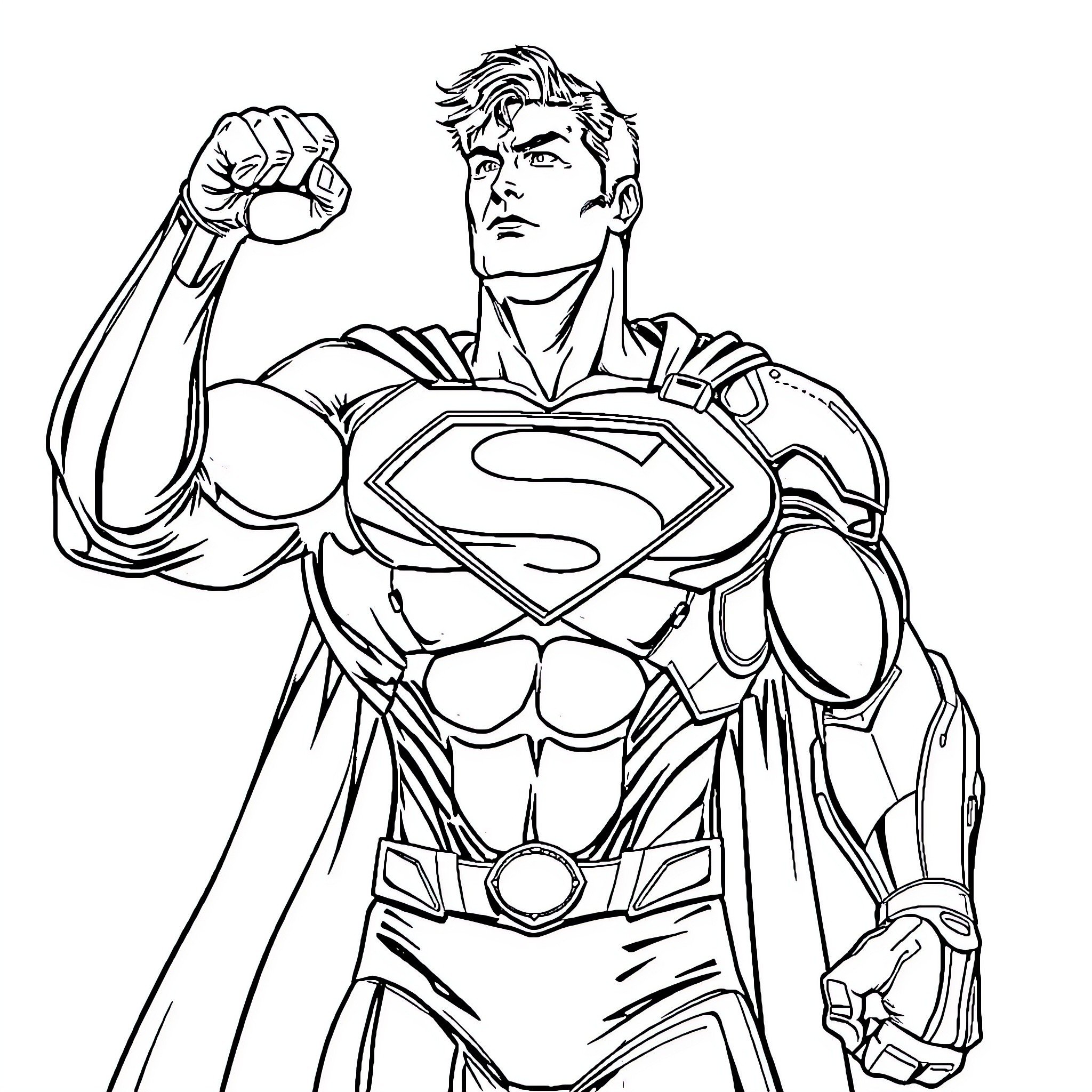 Superman's heroic pose with fist raised Coloring Page (free black-and-white line drawing printable PDF for all, from beginners to advanced learners, including children, teens, adults, and seniors)