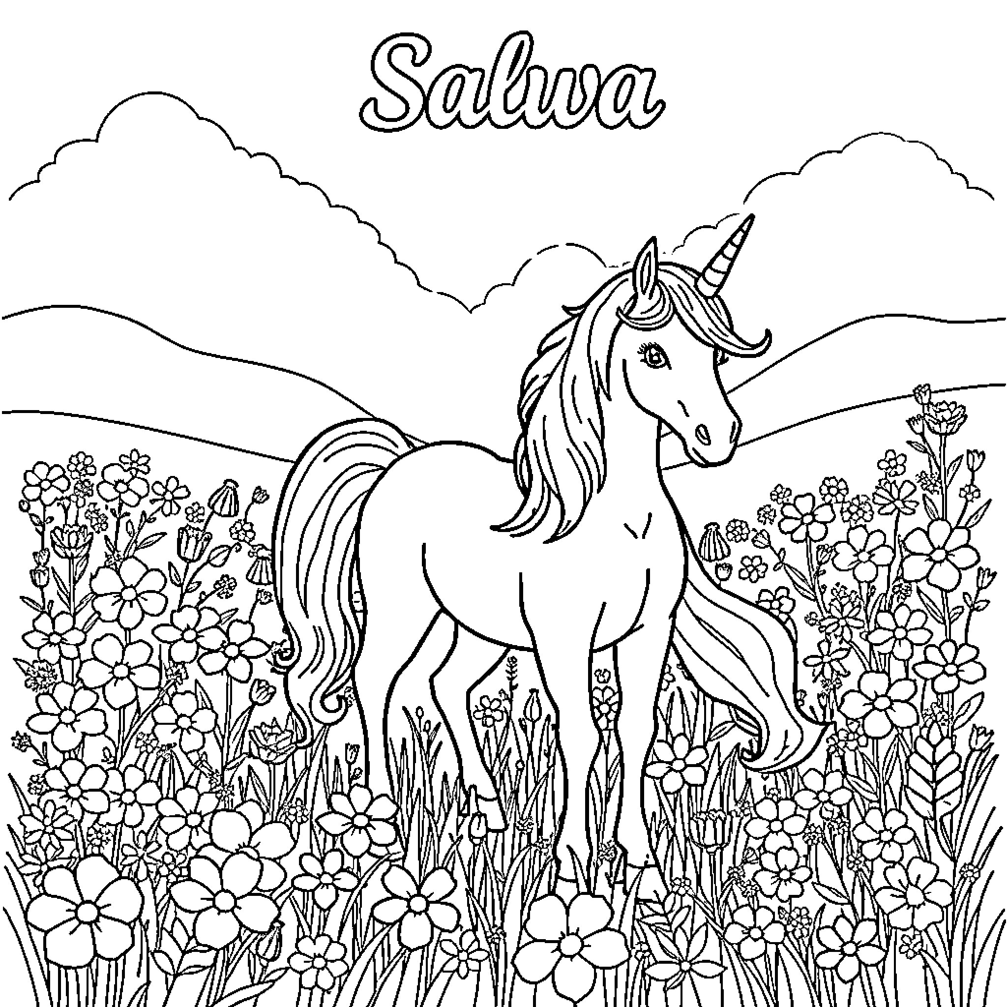 Unicorn standing proudly in a field of flowers Coloring Page (free black-and-white line drawing printable PDF for all, from beginners to advanced learners, including children, teens, adults, and seniors)