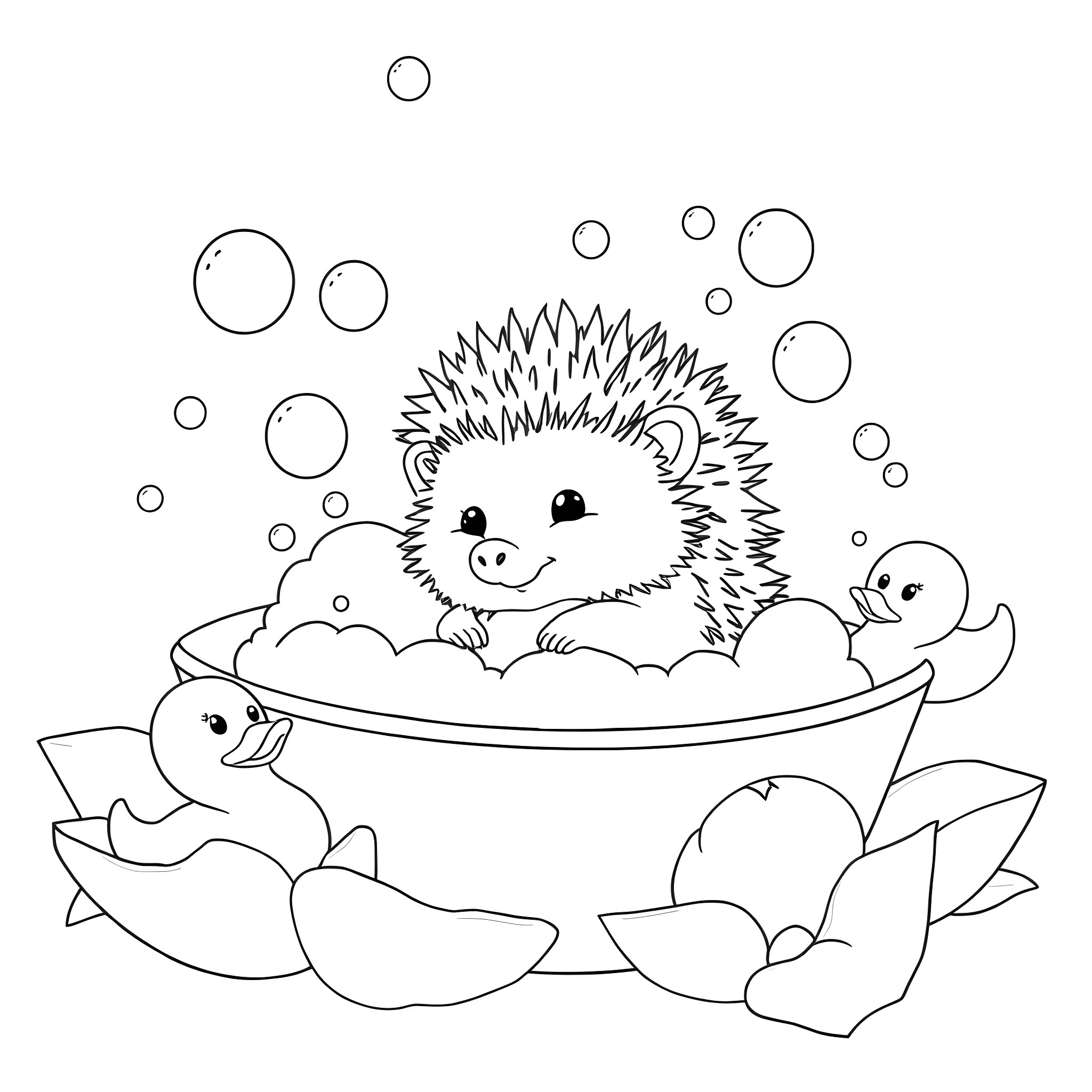 Hedgehog enjoying a bubble bath with rubber duckies Coloring Page (free black-and-white line drawing printable PDF for all, from beginners to advanced learners, including children, teens, adults, and seniors)