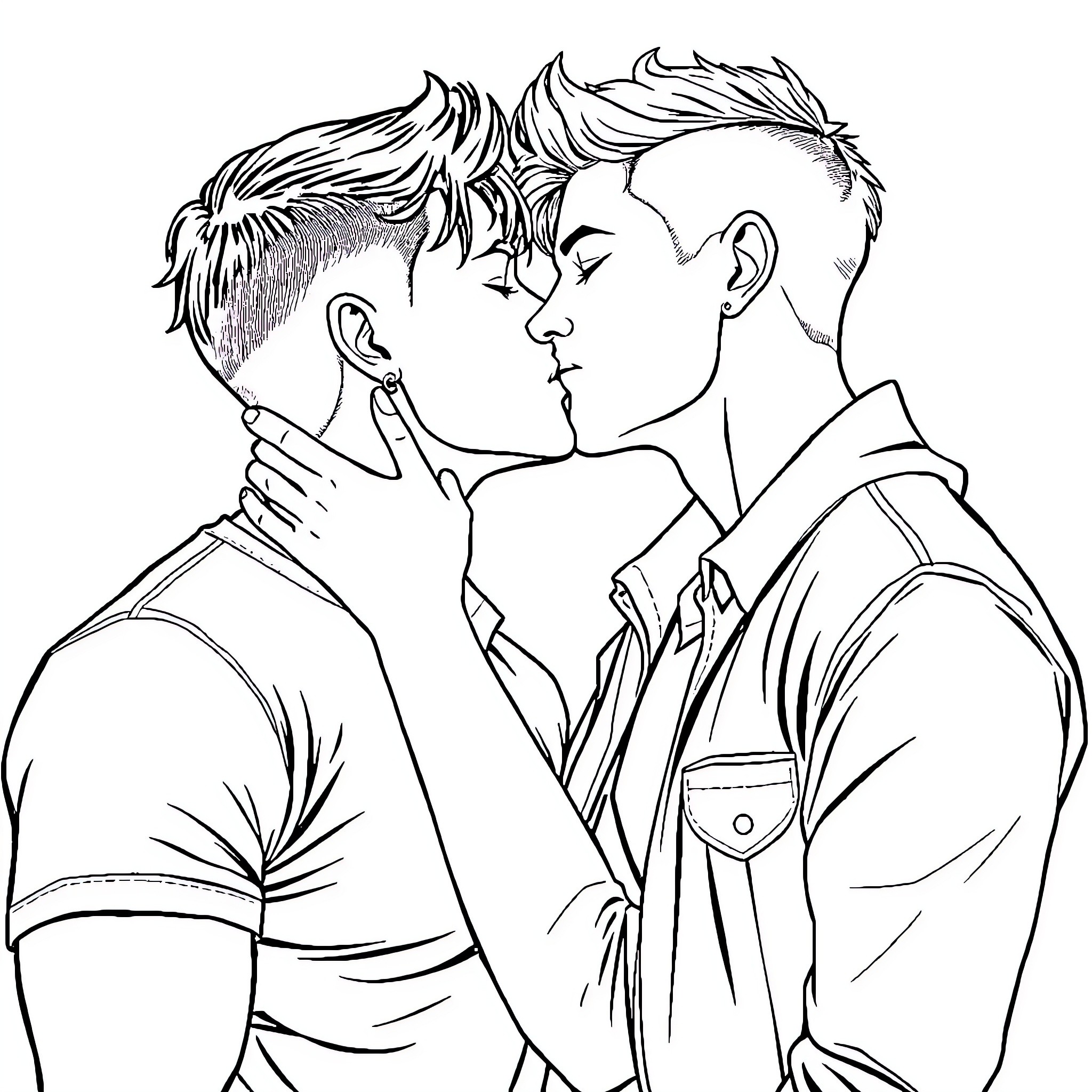 Masculine Lesbian Lovers Embrace Intimately Coloring Page (free black-and-white line drawing printable PDF for all, from beginners to advanced learners, including children, teens, adults, and seniors)