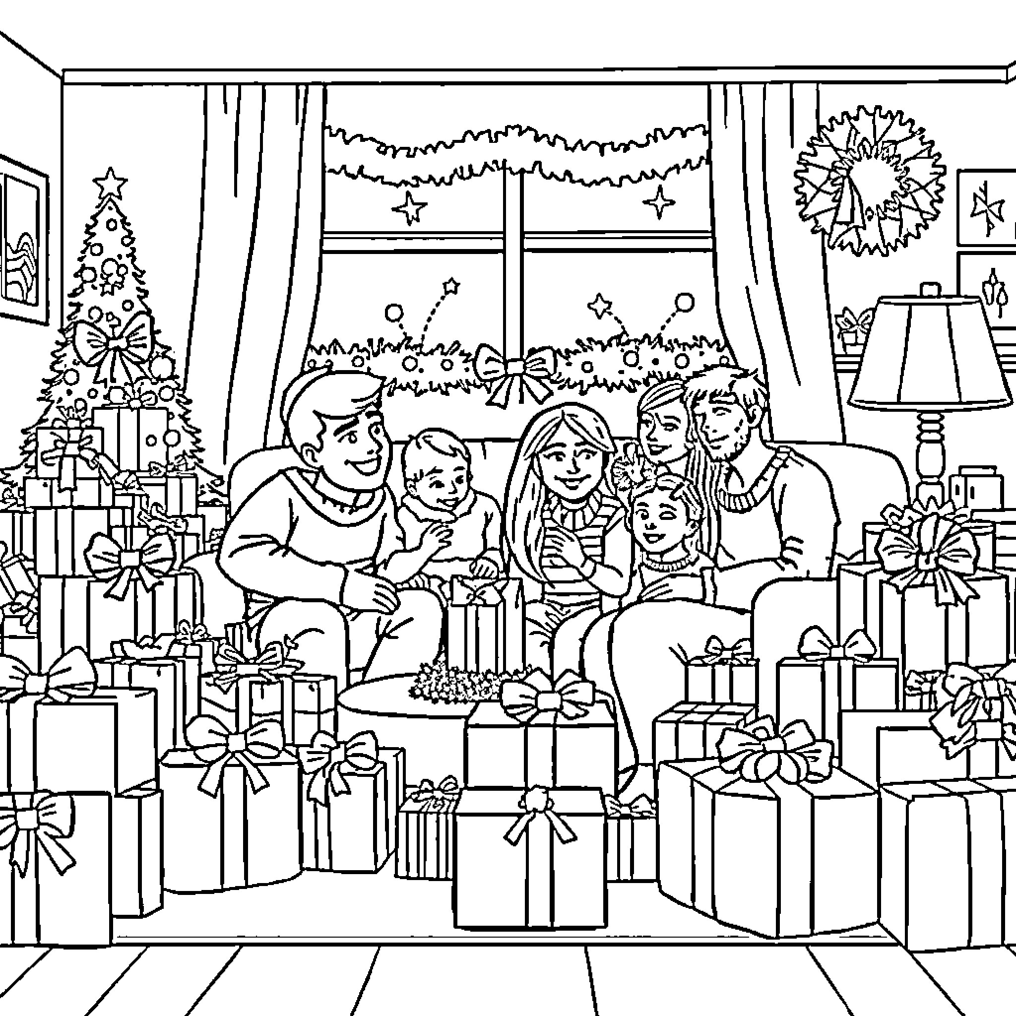 Christmas Present Family Celebration in Living Room Coloring Page (free black-and-white line drawing printable PDF for all, from beginners to advanced learners, including children, teens, adults, and seniors)