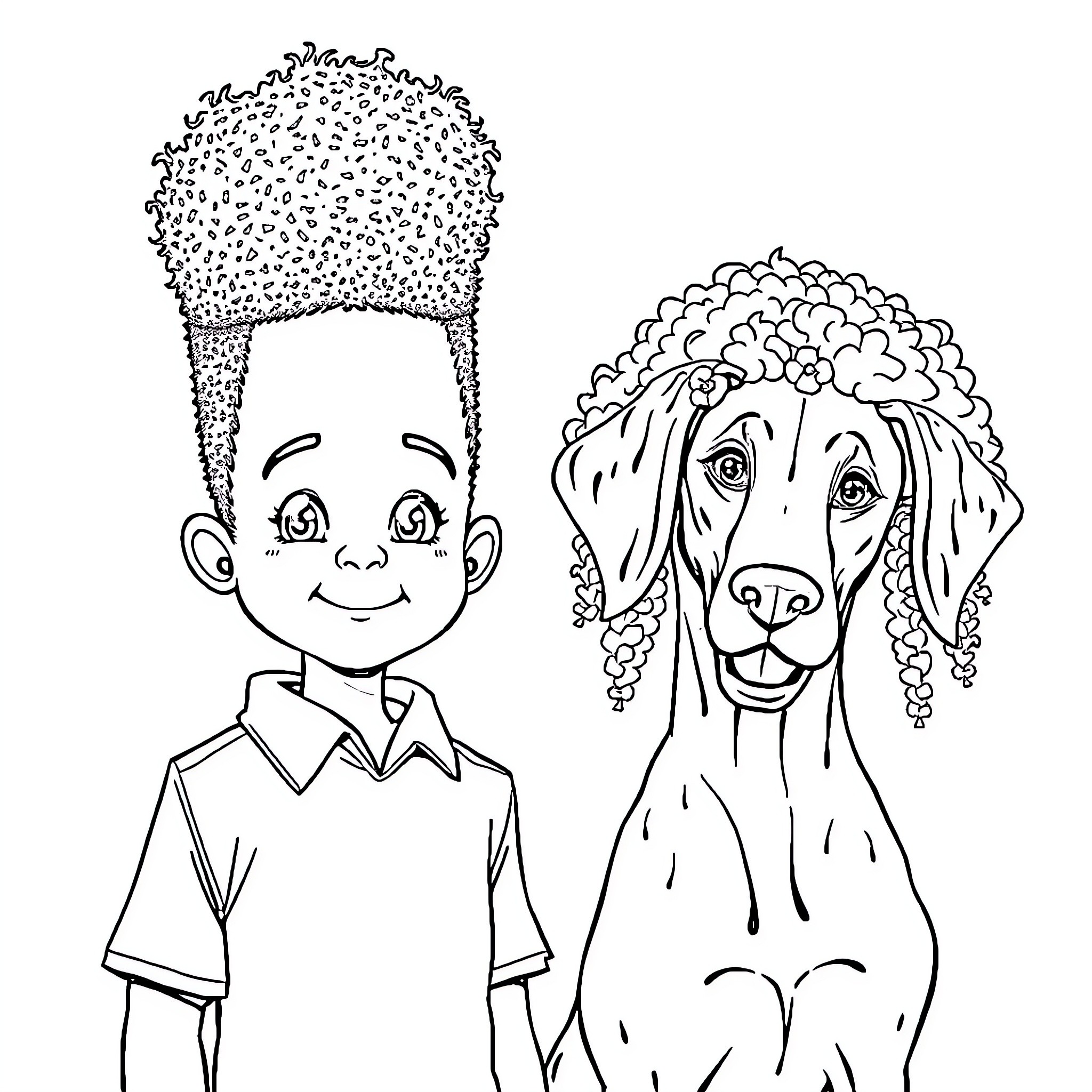 Boy with curly hair and playful dog Coloring Page (free black-and-white line drawing printable PDF for all, from beginners to advanced learners, including children, teens, adults, and seniors)