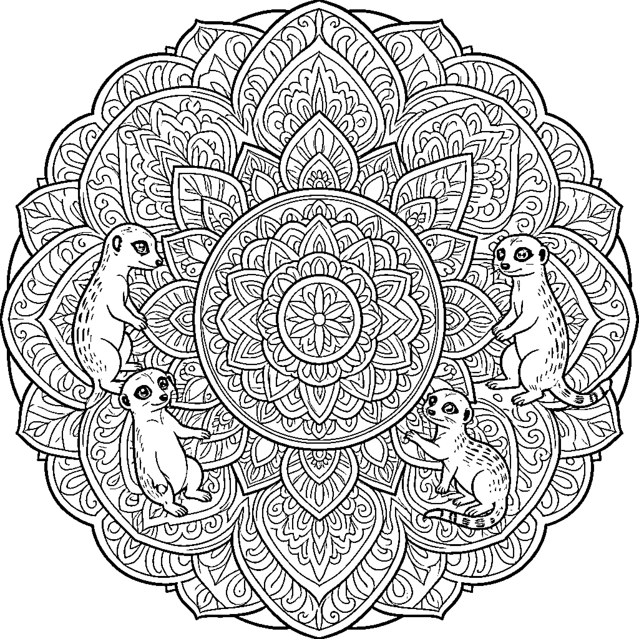 Meerkats exploring intricate mandala design Coloring Page (free black-and-white line drawing printable PDF for all, from beginners to advanced learners, including children, teens, adults, and seniors)