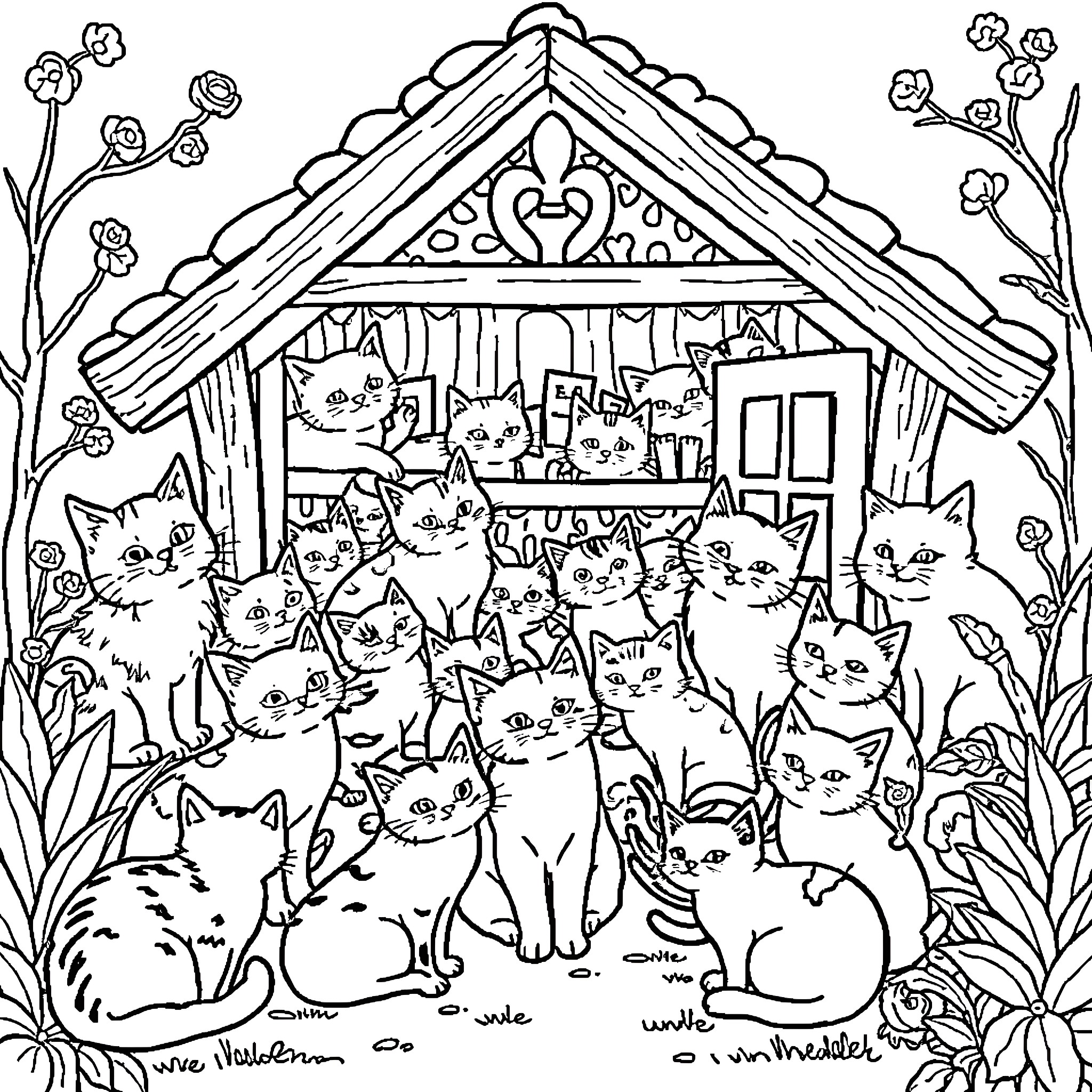Cat House with Feline Friends Coloring Page (free black-and-white line drawing printable PDF for all, from beginners to advanced learners, including children, teens, adults, and seniors)