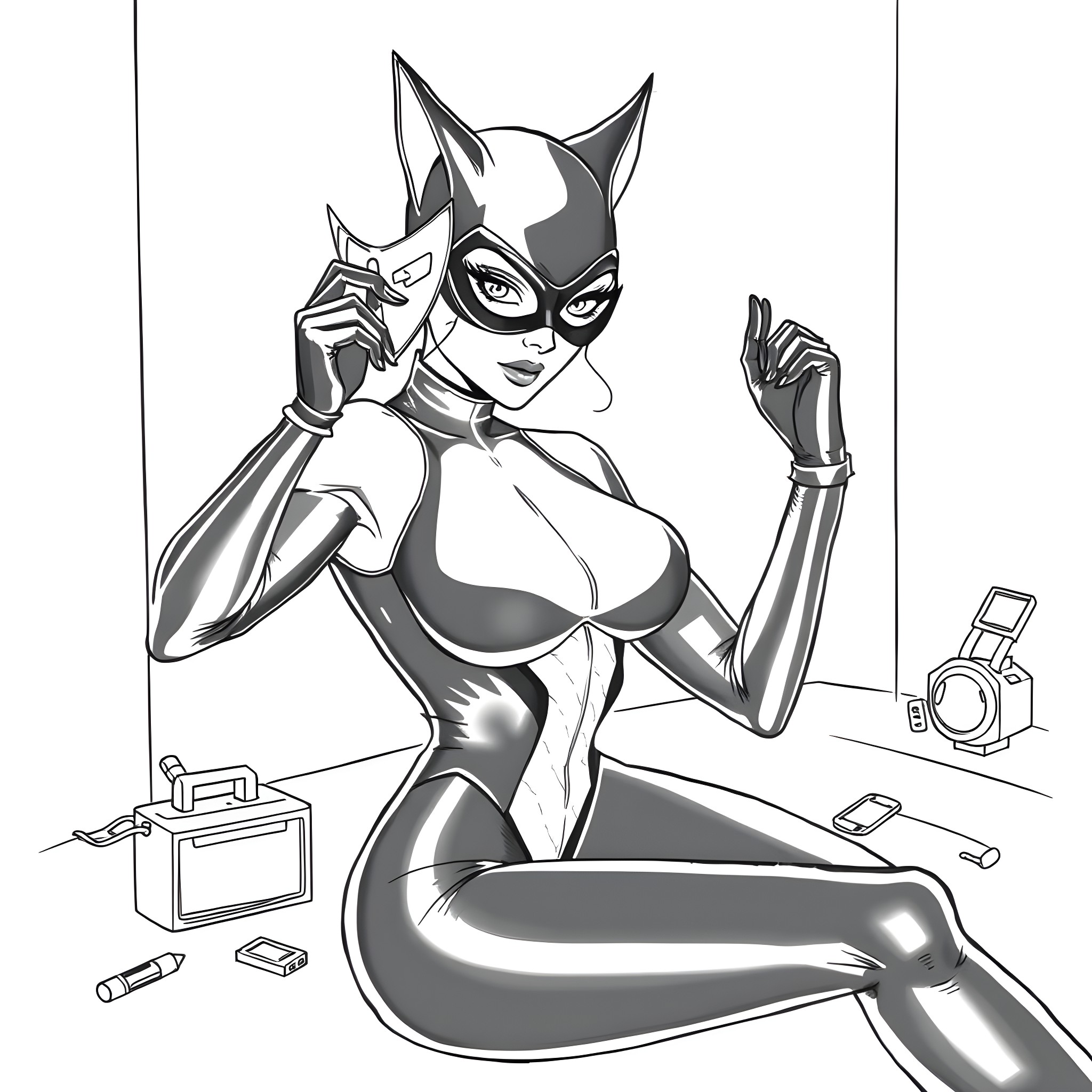 Cat Woman in action with spy gadgets Coloring Page (free black-and-white line drawing printable PDF for all, from beginners to advanced learners, including children, teens, adults, and seniors)