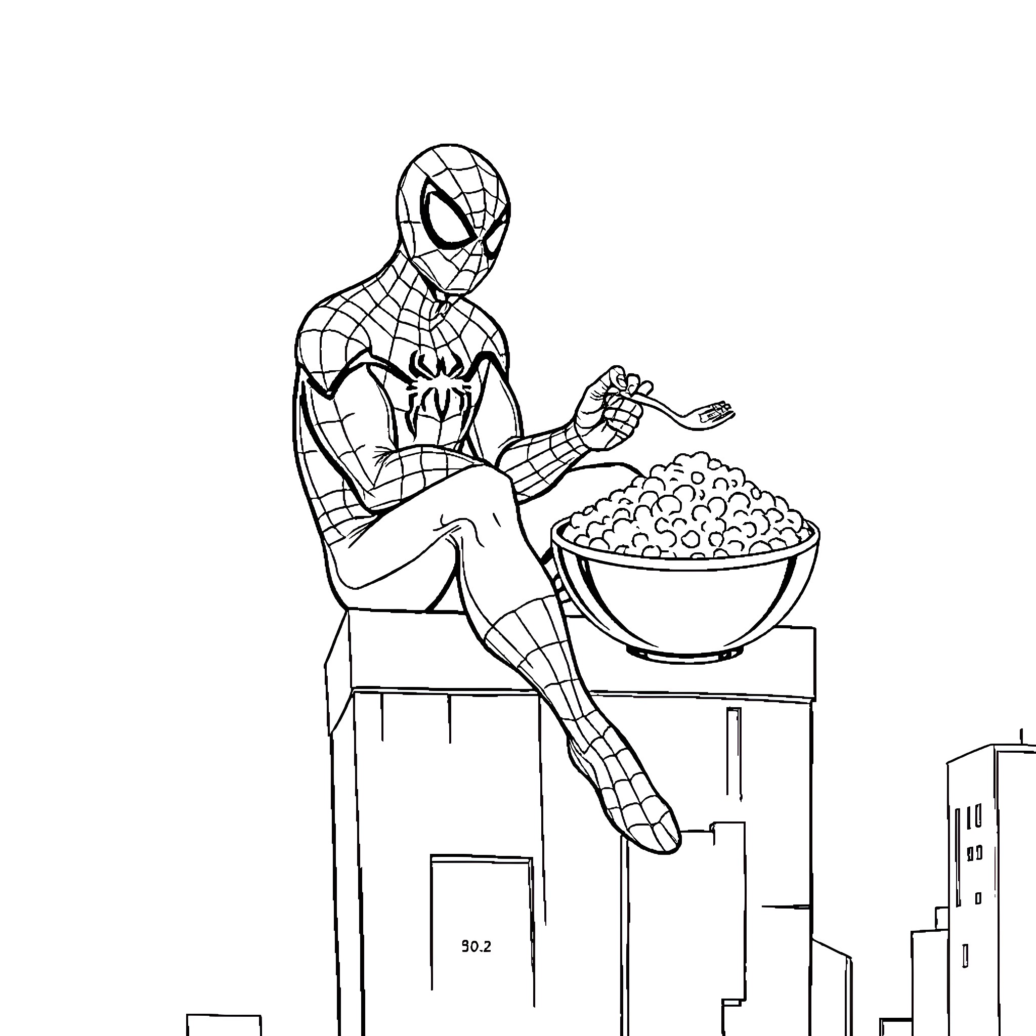 Spiderman enjoying a snack on a city rooftop Coloring Page (free black-and-white line drawing printable PDF for all, from beginners to advanced learners, including children, teens, adults, and seniors)