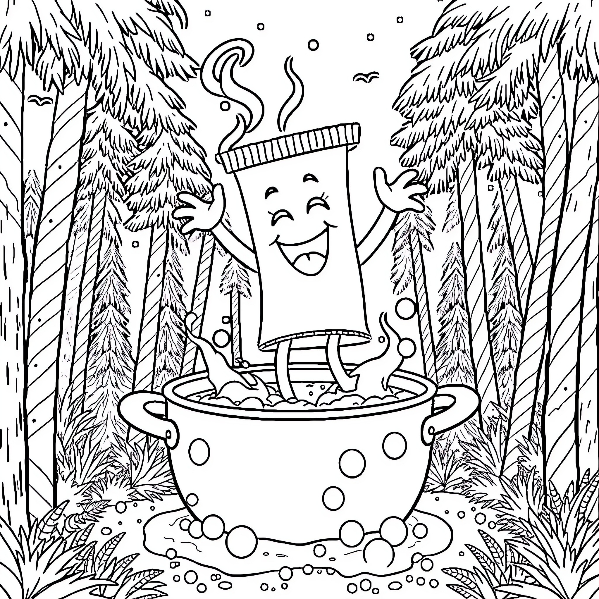 Toothpaste enjoying a relaxing soak in the forest Coloring Page (free black-and-white line drawing printable PDF for all, from beginners to advanced learners, including children, teens, adults, and seniors)