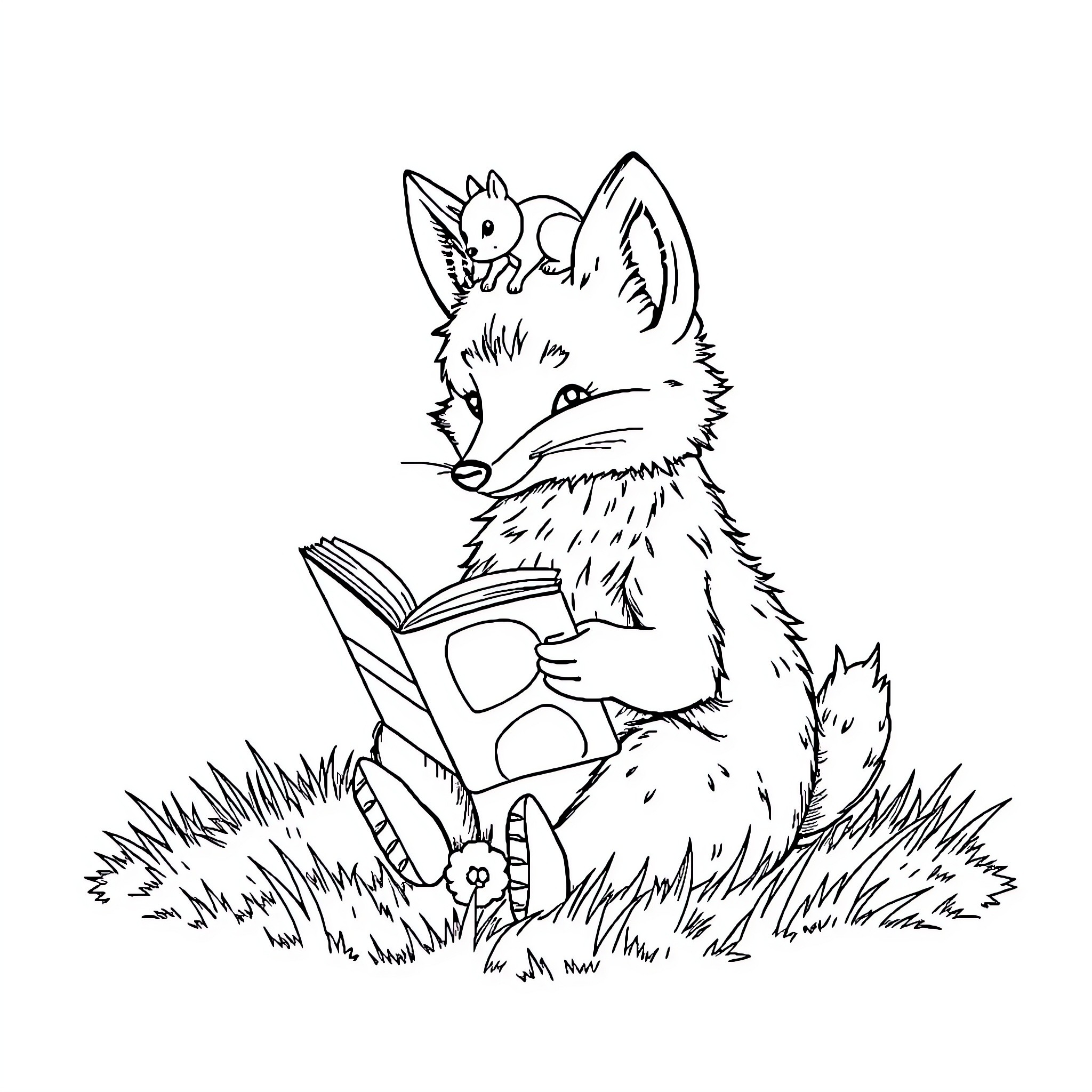 Fox reading a book in the grass Coloring Page (free black-and-white line drawing printable PDF for all, from beginners to advanced learners, including children, teens, adults, and seniors)