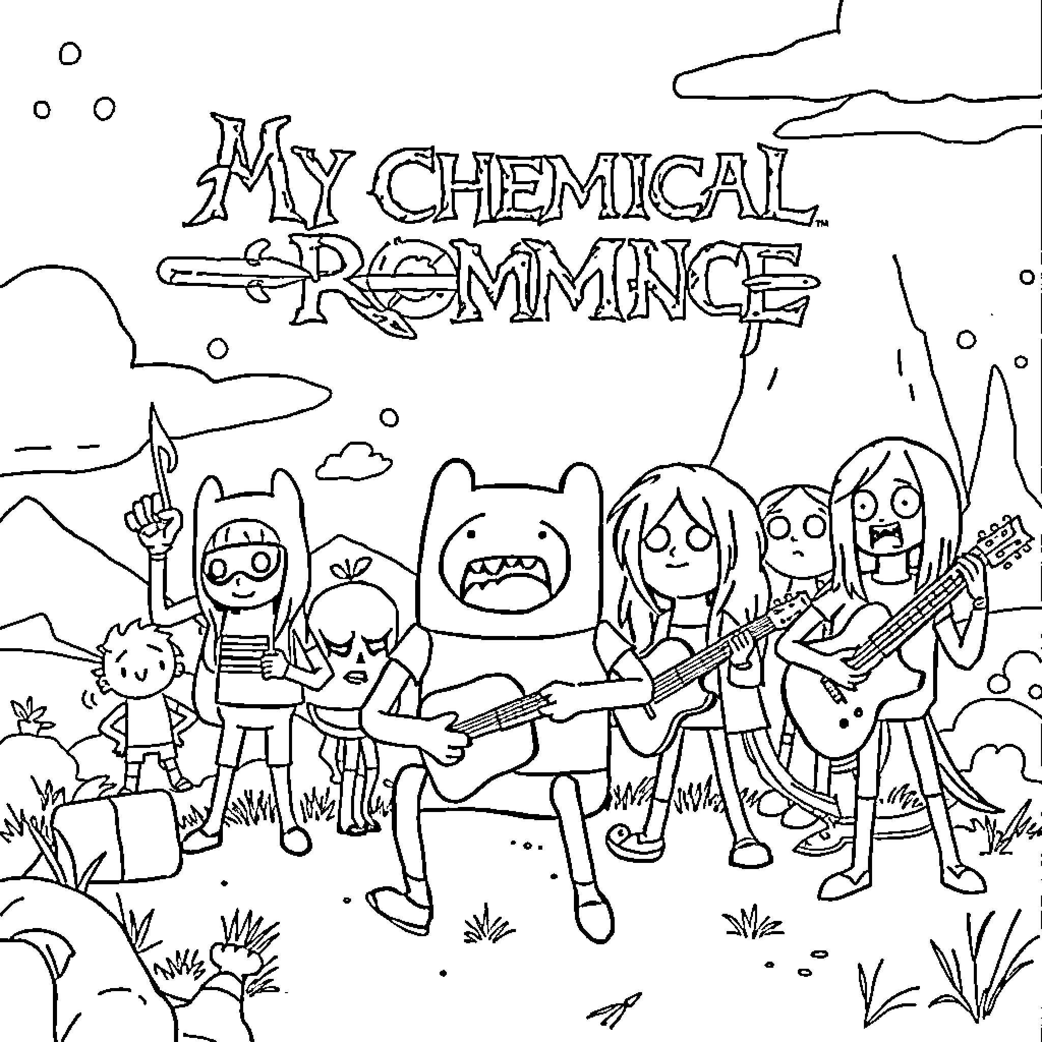 Adventure Time with My Chemical Romance Band Coloring Page (free black-and-white line drawing printable PDF for all, from beginners to advanced learners, including children, teens, adults, and seniors)