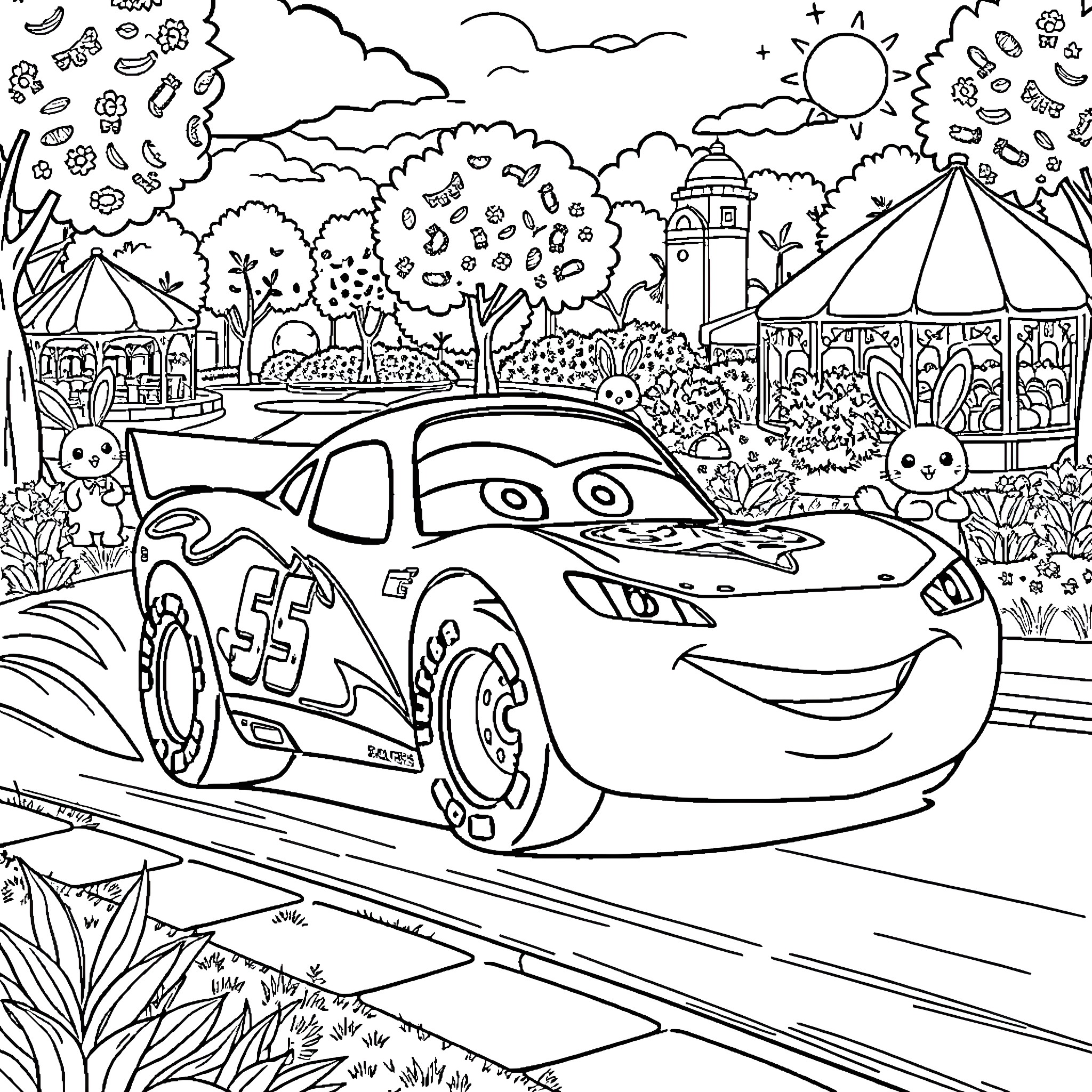 Lightning McQueen racing through a vibrant outdoor scene Coloring Page (free black-and-white line drawing printable PDF for all, from beginners to advanced learners, including children, teens, adults, and seniors)