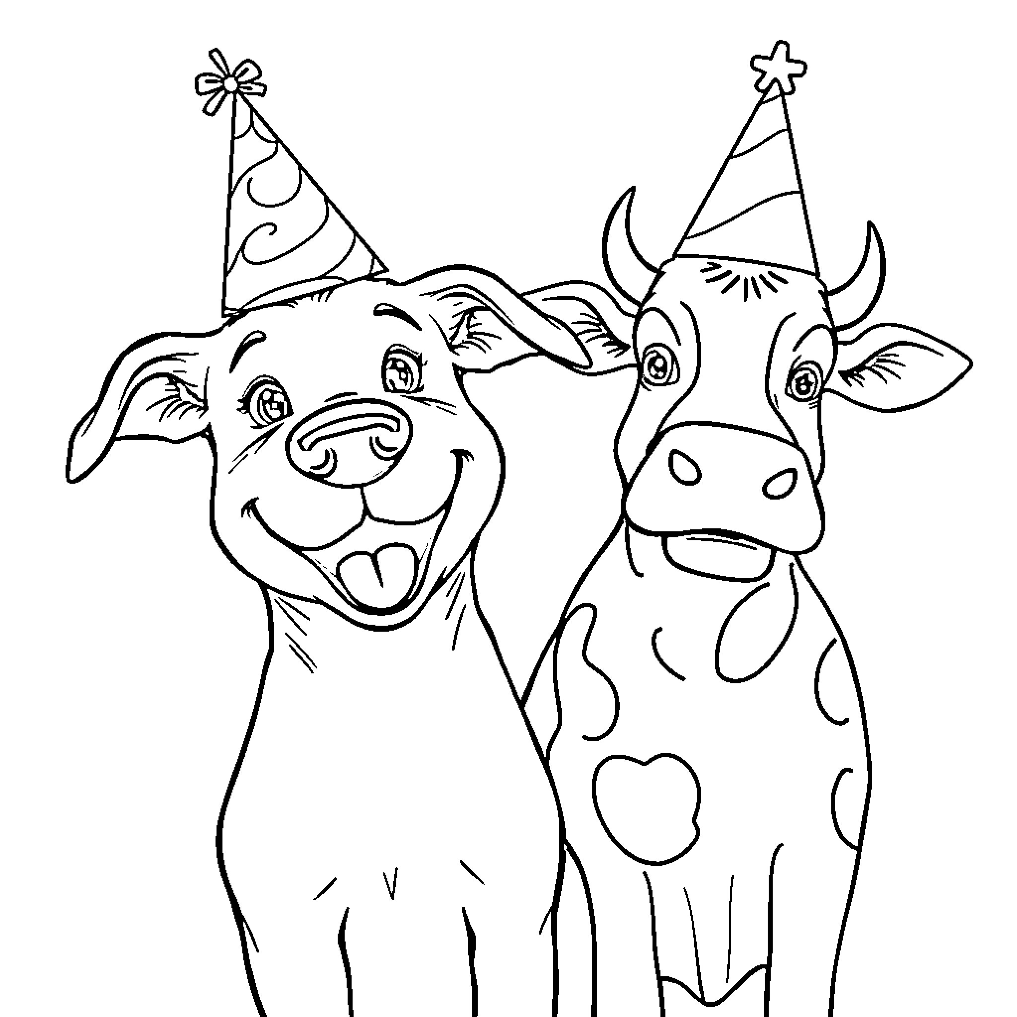 Dog and Cow Wearing Party Hats Coloring Page (free black-and-white line drawing printable PDF for all, from beginners to advanced learners, including children, teens, adults, and seniors)