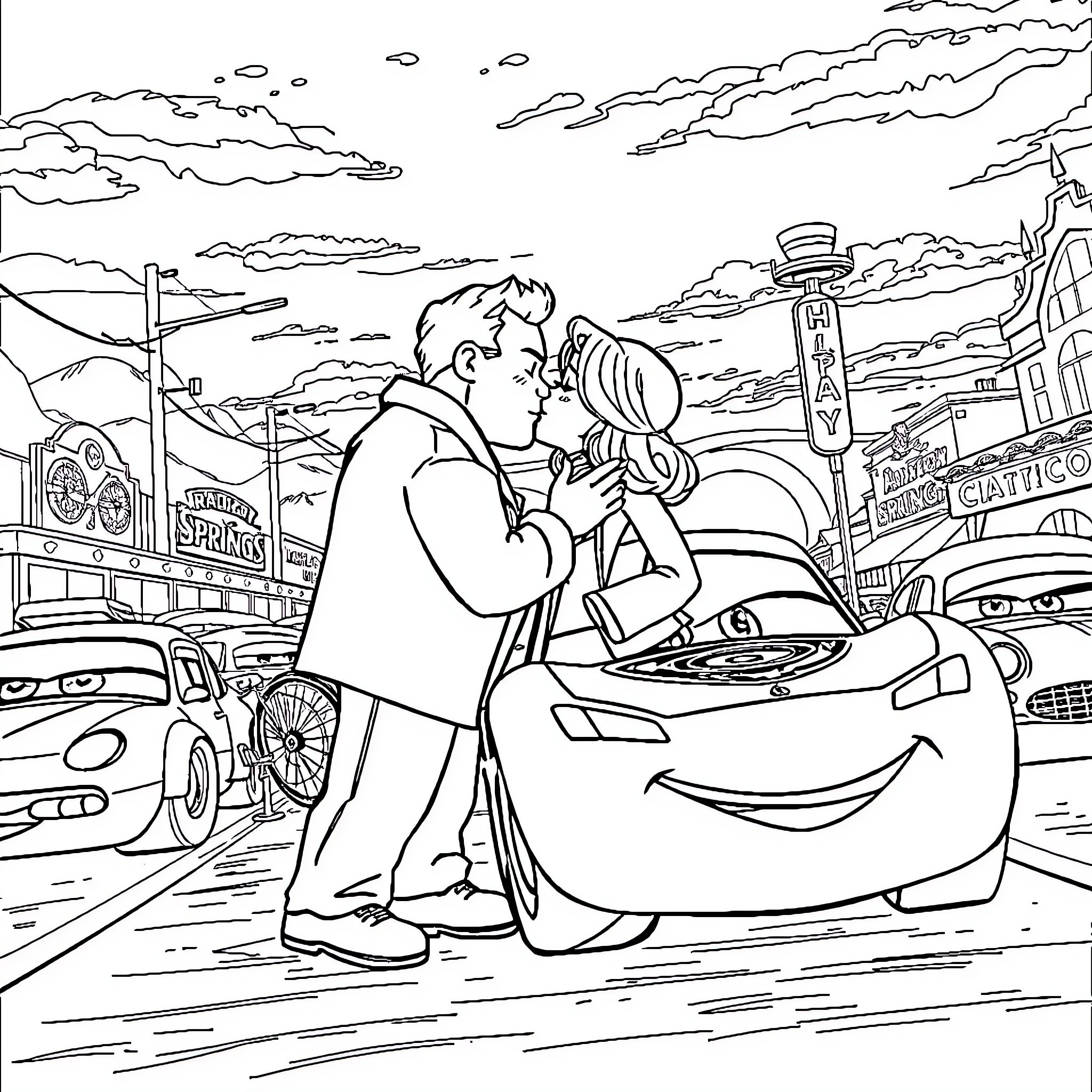 Lightning McQueen helping a friend in the city Coloring Page (free black-and-white line drawing printable PDF for all, from beginners to advanced learners, including children, teens, adults, and seniors)