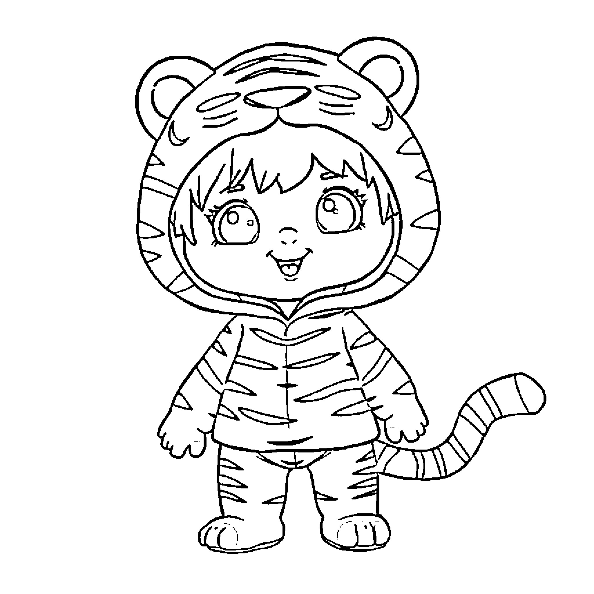 Chuckie dressed as a cute tiger Coloring Page (free black-and-white line drawing printable PDF for all, from beginners to advanced learners, including children, teens, adults, and seniors)