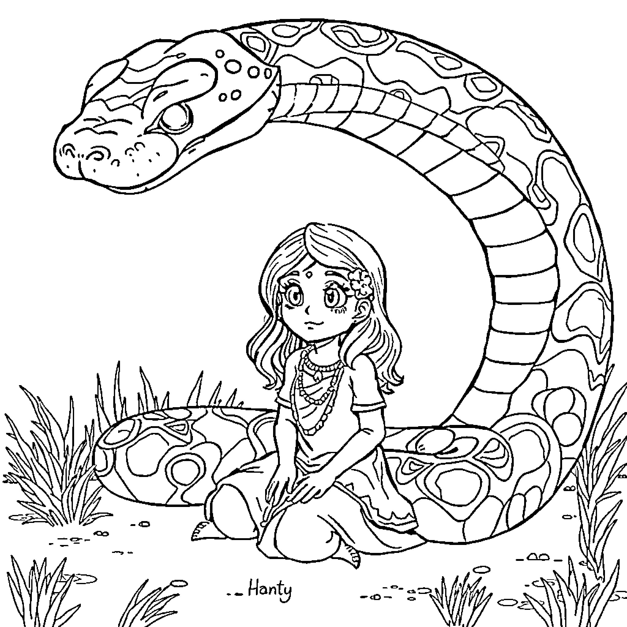 Shanti's Peaceful Encounter with a Friendly Snake Coloring Page (free black-and-white line drawing printable PDF for all, from beginners to advanced learners, including children, teens, adults, and seniors)