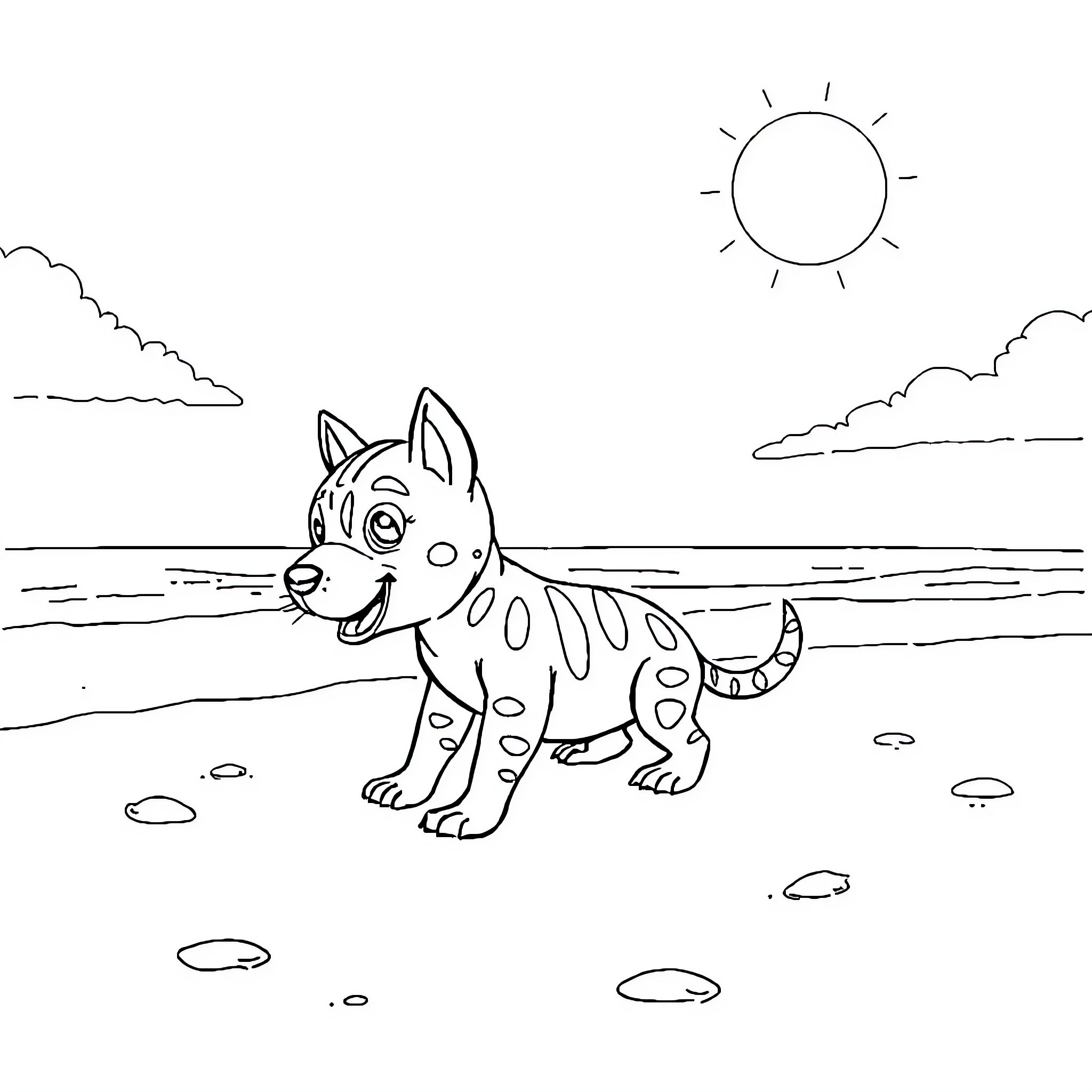 Labubu playing happily on the beach Coloring Page (free black-and-white line drawing printable PDF for all, from beginners to advanced learners, including children, teens, adults, and seniors)