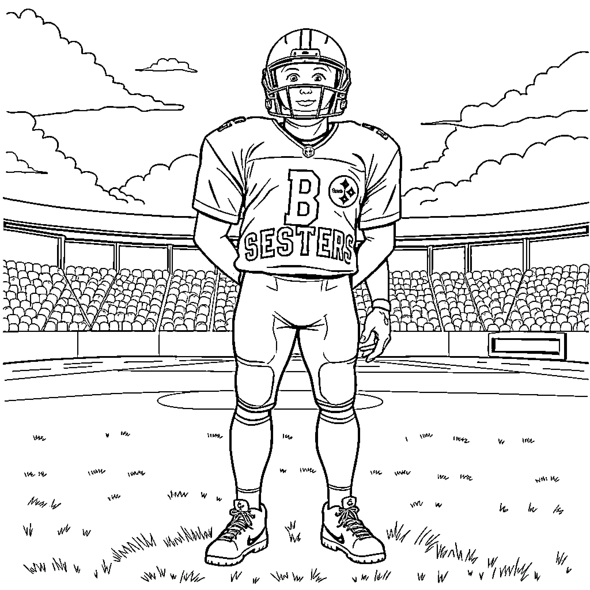 Pittsburgh Steeler football player in stadium Coloring Page (free black-and-white line drawing printable PDF for all, from beginners to advanced learners, including children, teens, adults, and seniors)