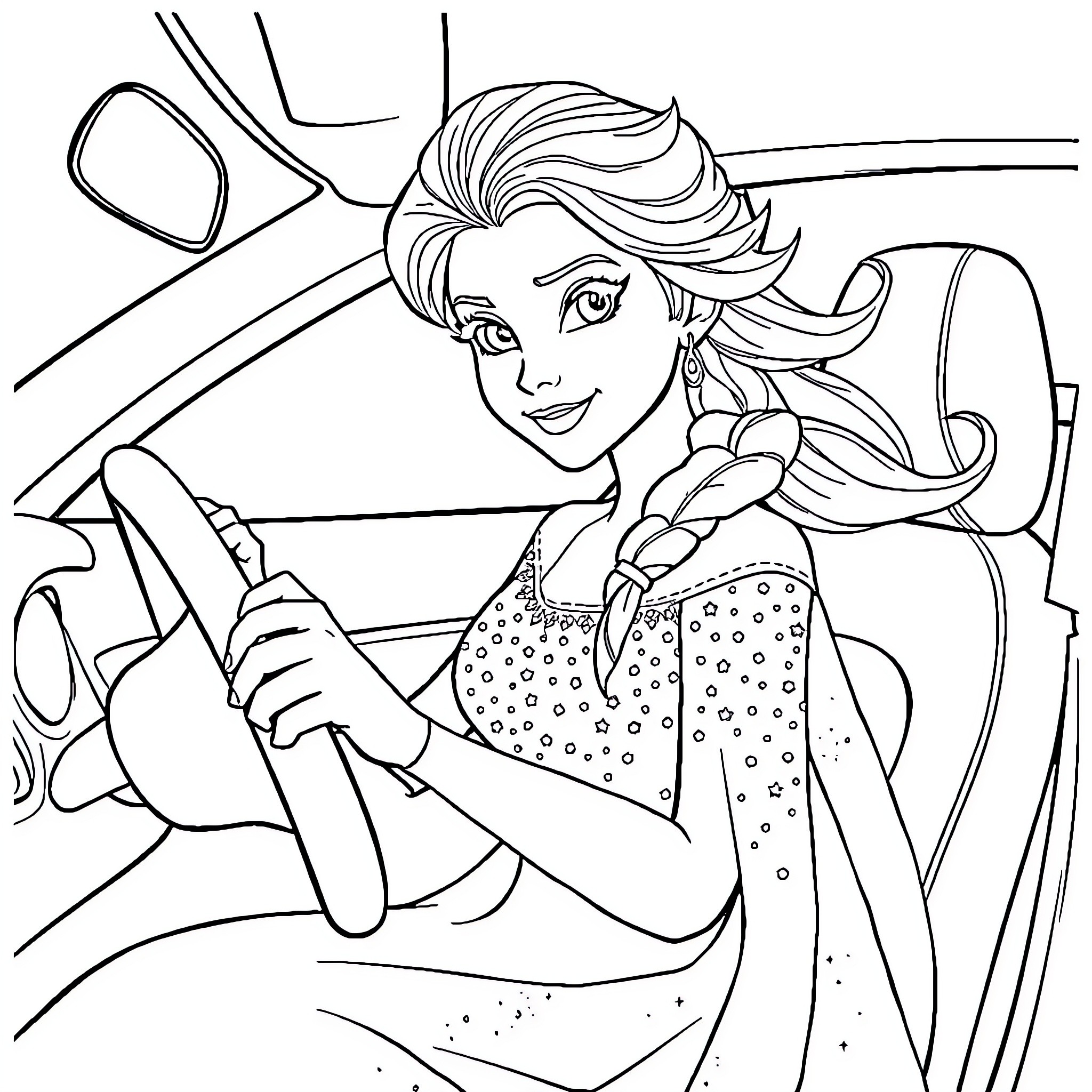 Princess Elsa driving a vehicle with a whimsical expression Coloring Page (free black-and-white line drawing printable PDF for all, from beginners to advanced learners, including children, teens, adults, and seniors)