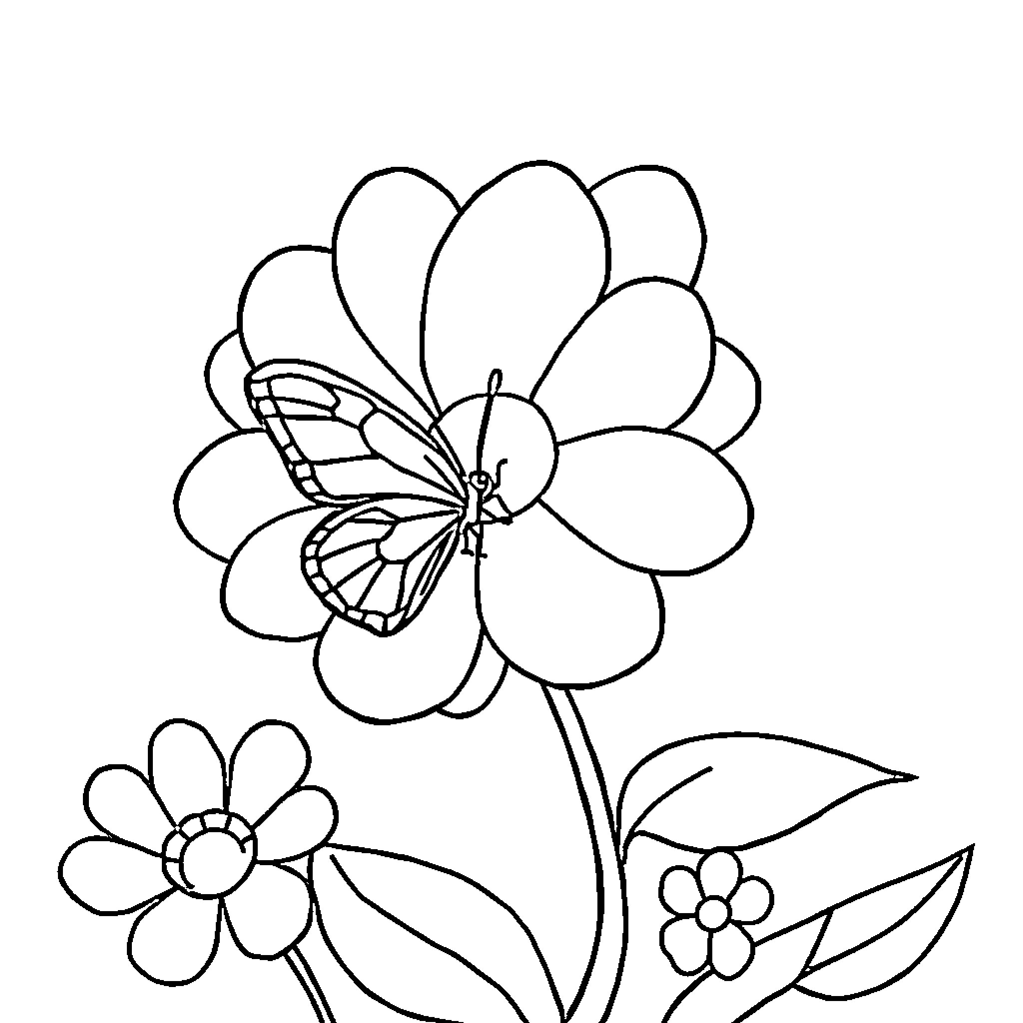 Flower with butterfly silhouette and leaves Coloring Page (free black-and-white line drawing printable PDF for all, from beginners to advanced learners, including children, teens, adults, and seniors)