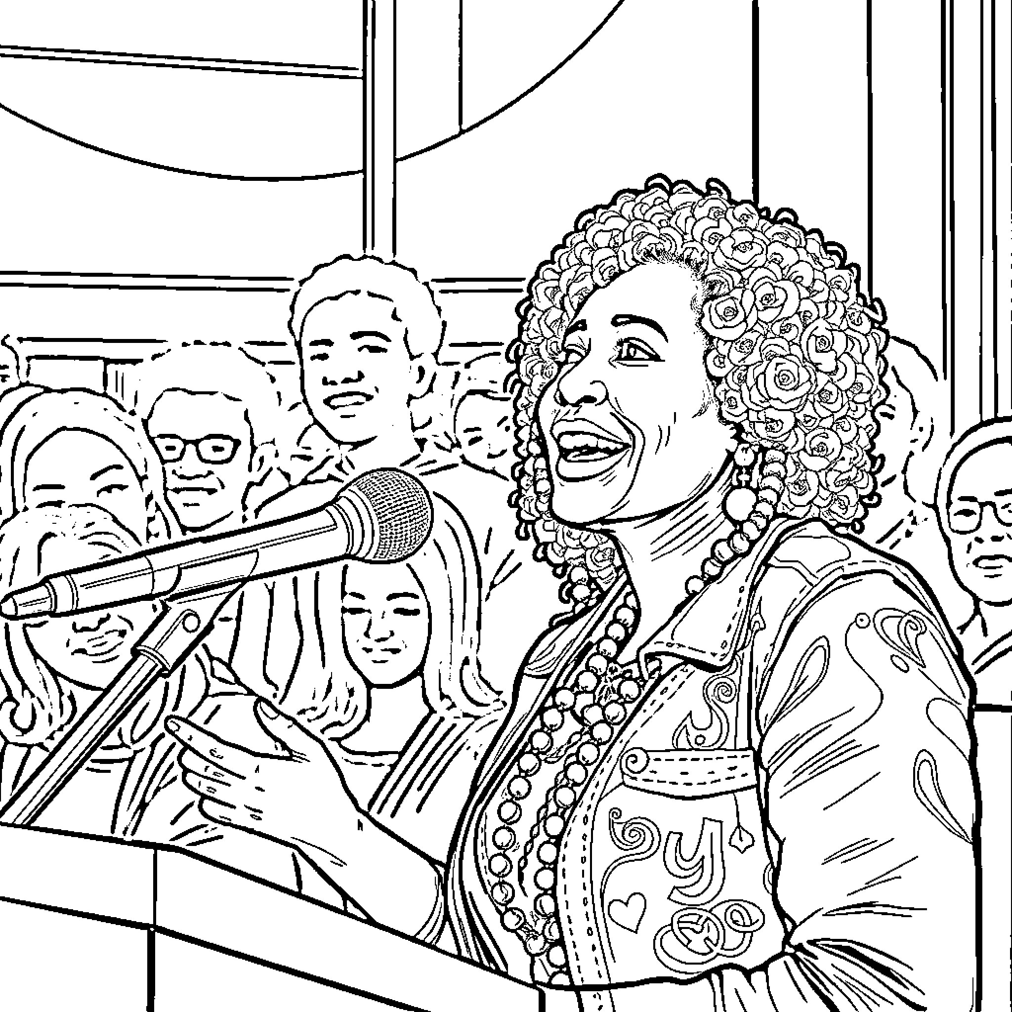 Jasmine Crockett speaking passionately at a public event Coloring Page (free black-and-white line drawing printable PDF for all, from beginners to advanced learners, including children, teens, adults, and seniors)