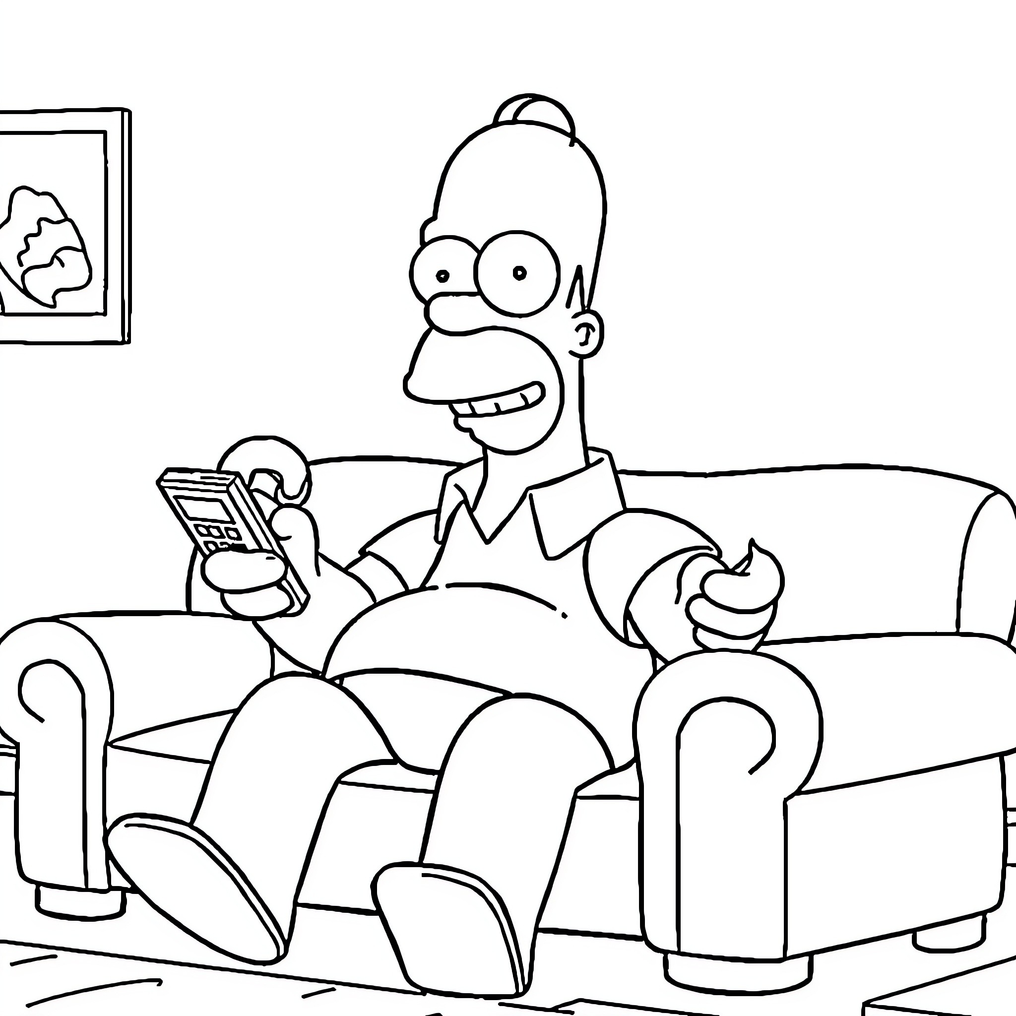 Homer Simpson relaxing on the couch with a phone Coloring Page (free black-and-white line drawing printable PDF for all, from beginners to advanced learners, including children, teens, adults, and seniors)