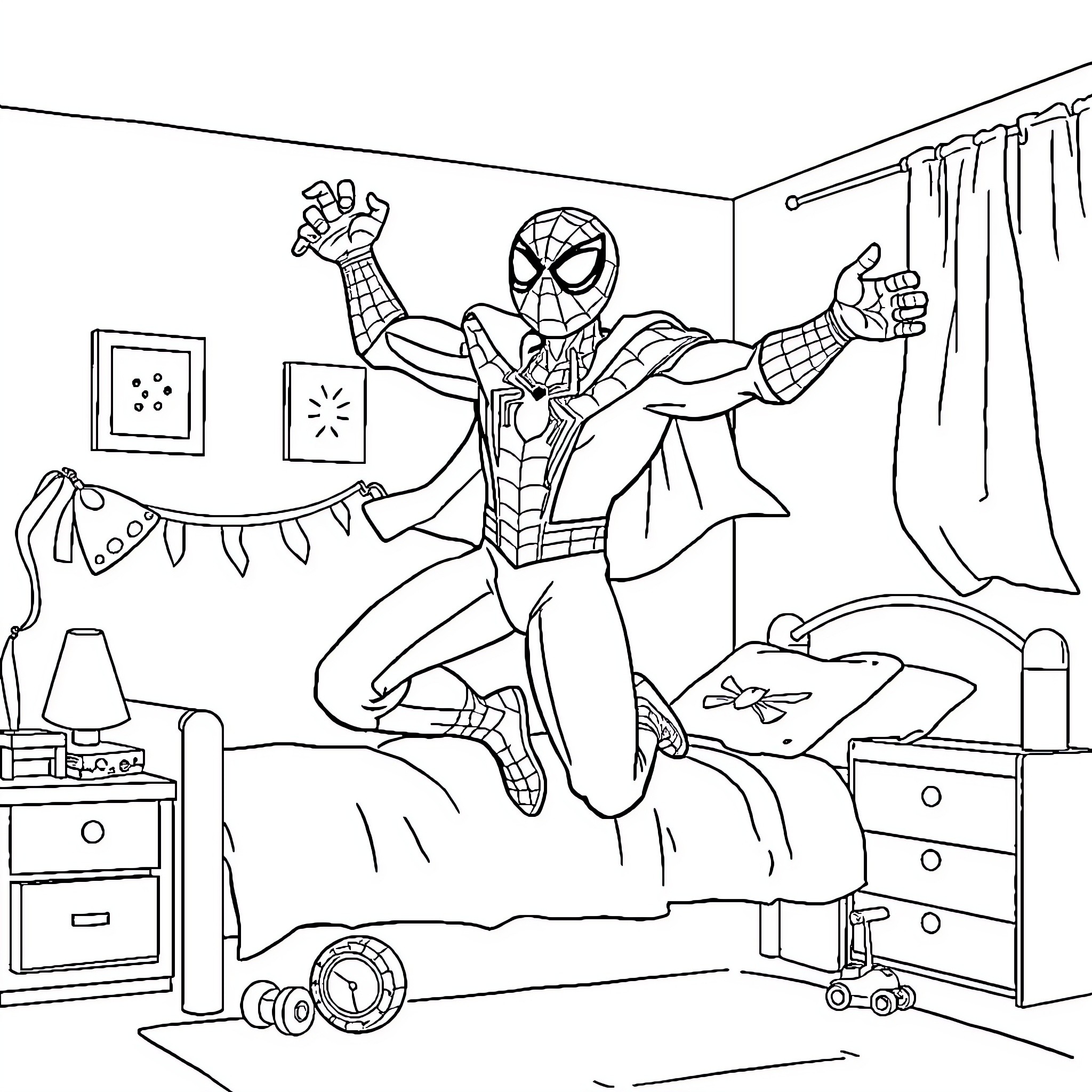 Spiderman leaping into action in a bedroom setting Coloring Page (free black-and-white line drawing printable PDF for all, from beginners to advanced learners, including children, teens, adults, and seniors)