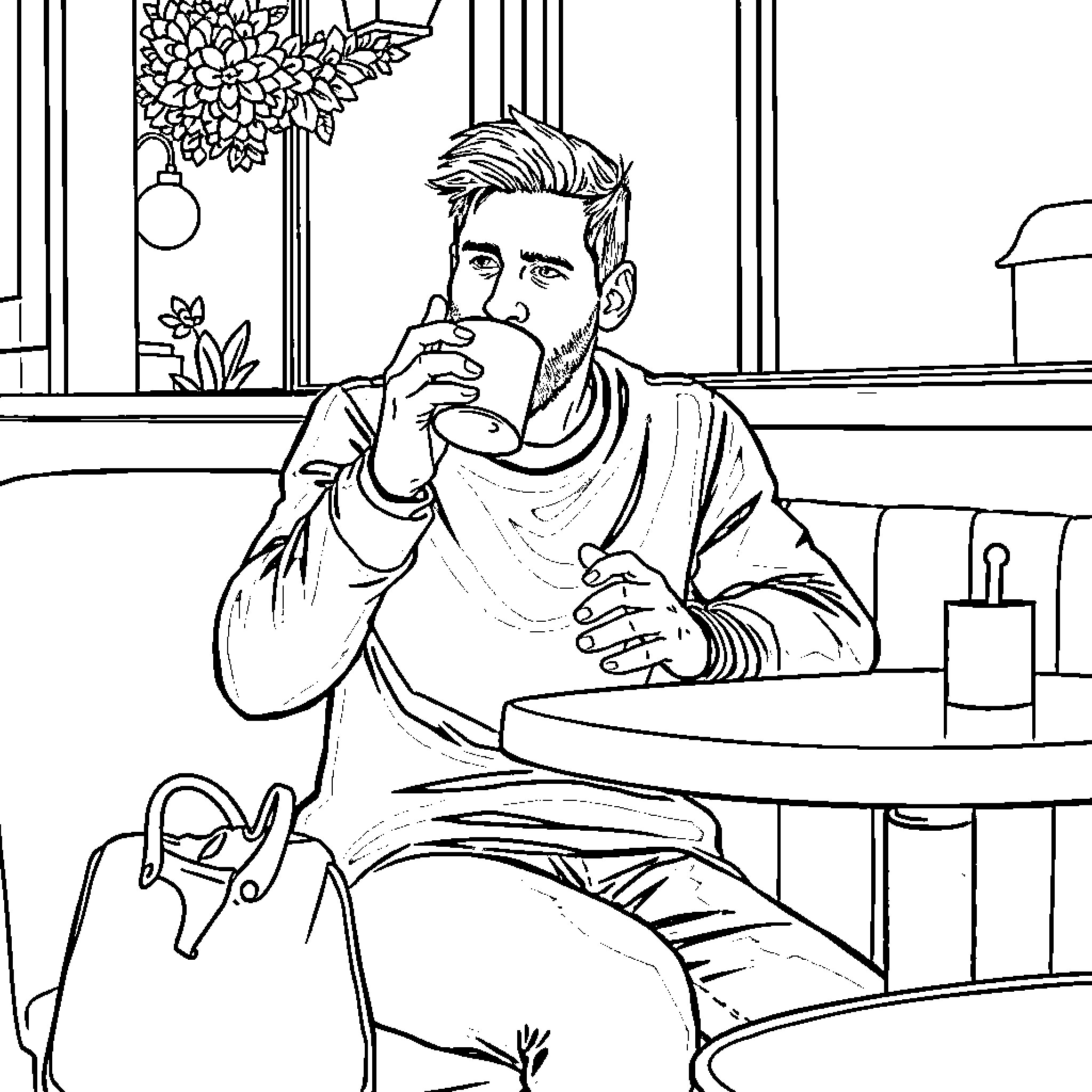 Messi sitting pensively in a cafe Coloring Page (free black-and-white line drawing printable PDF for all, from beginners to advanced learners, including children, teens, adults, and seniors)