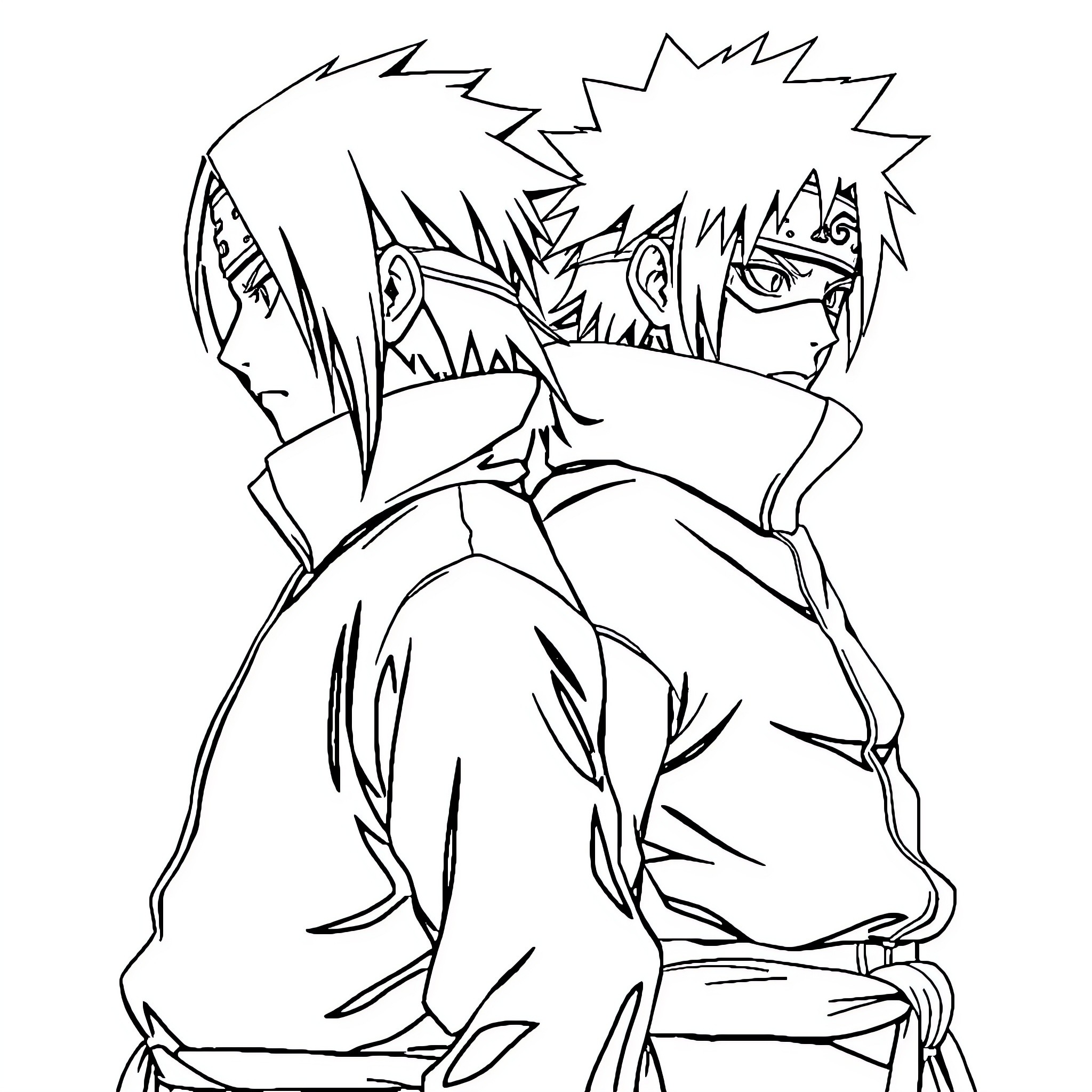 Itachi Uchiha in intense battle with rival Coloring Page (free black-and-white line drawing printable PDF for all, from beginners to advanced learners, including children, teens, adults, and seniors)