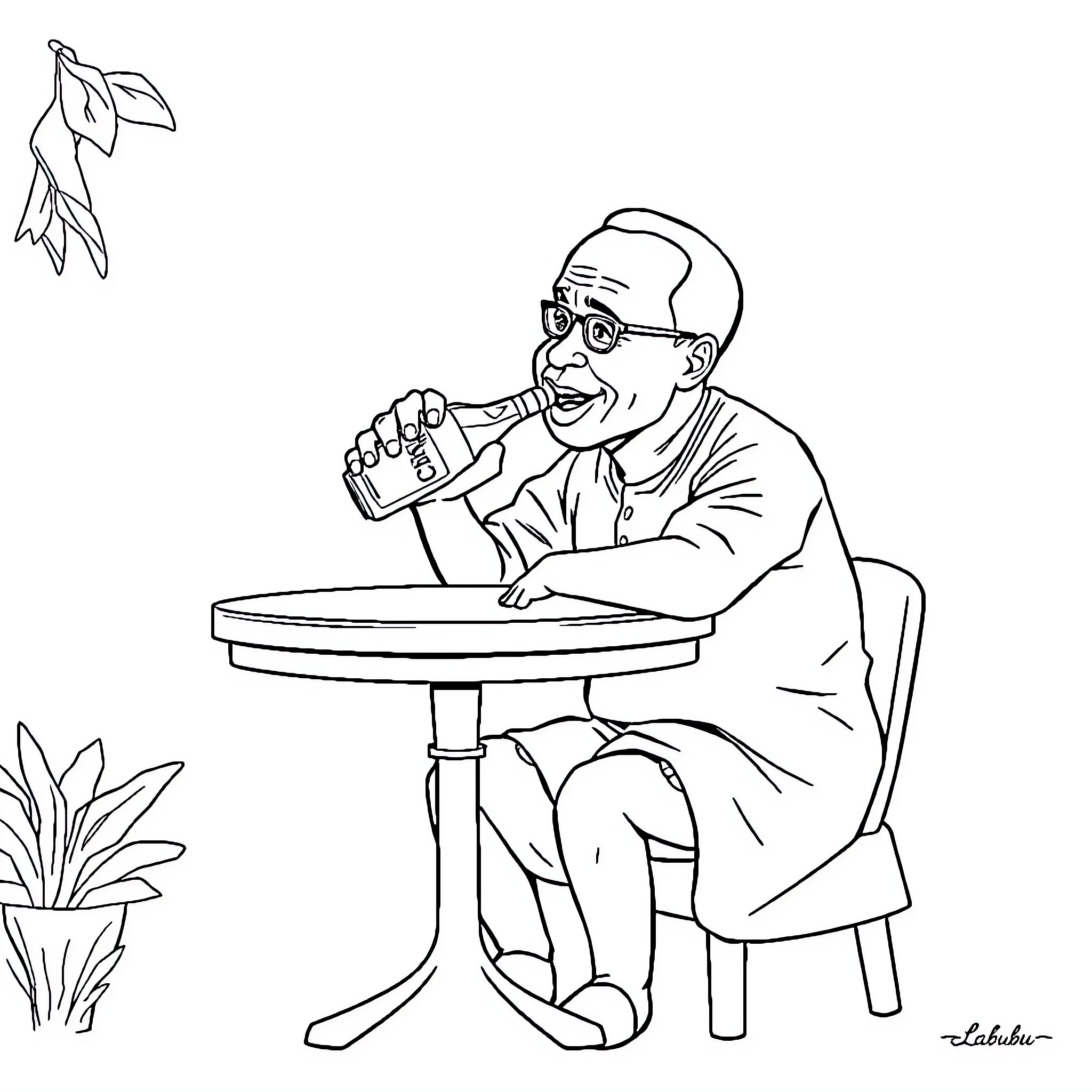 Labubu enjoying hot beverage on outdoor table Coloring Page (free black-and-white line drawing printable PDF for all, from beginners to advanced learners, including children, teens, adults, and seniors)