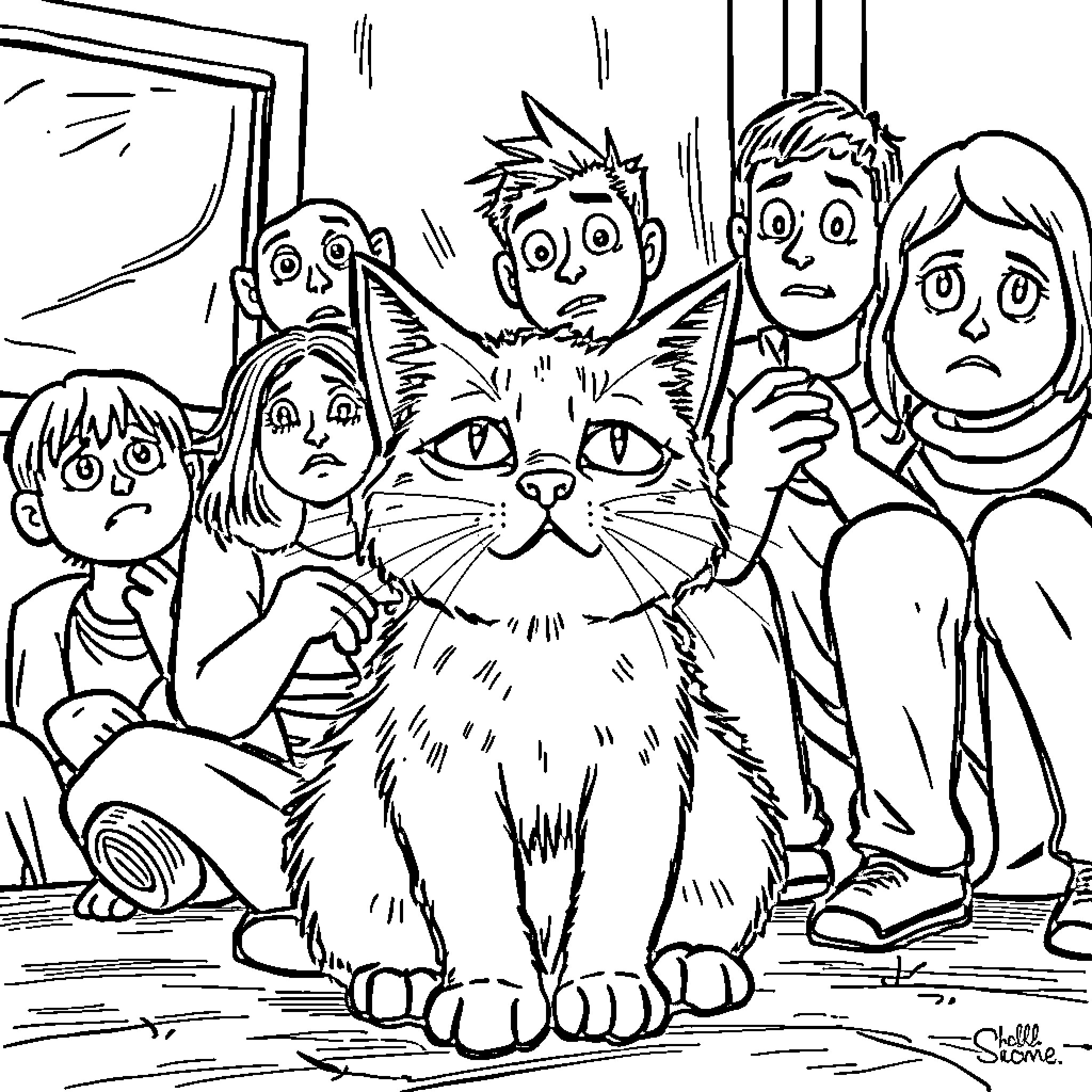 Cat and group of frightened people in a scene Coloring Page (free black-and-white line drawing printable PDF for all, from beginners to advanced learners, including children, teens, adults, and seniors)