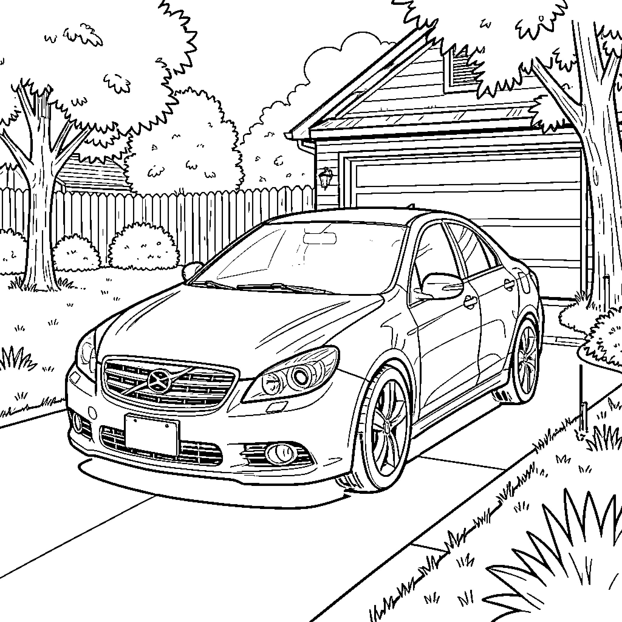 Auto parked in front of suburban home Coloring Page (free black-and-white line drawing printable PDF for all, from beginners to advanced learners, including children, teens, adults, and seniors)