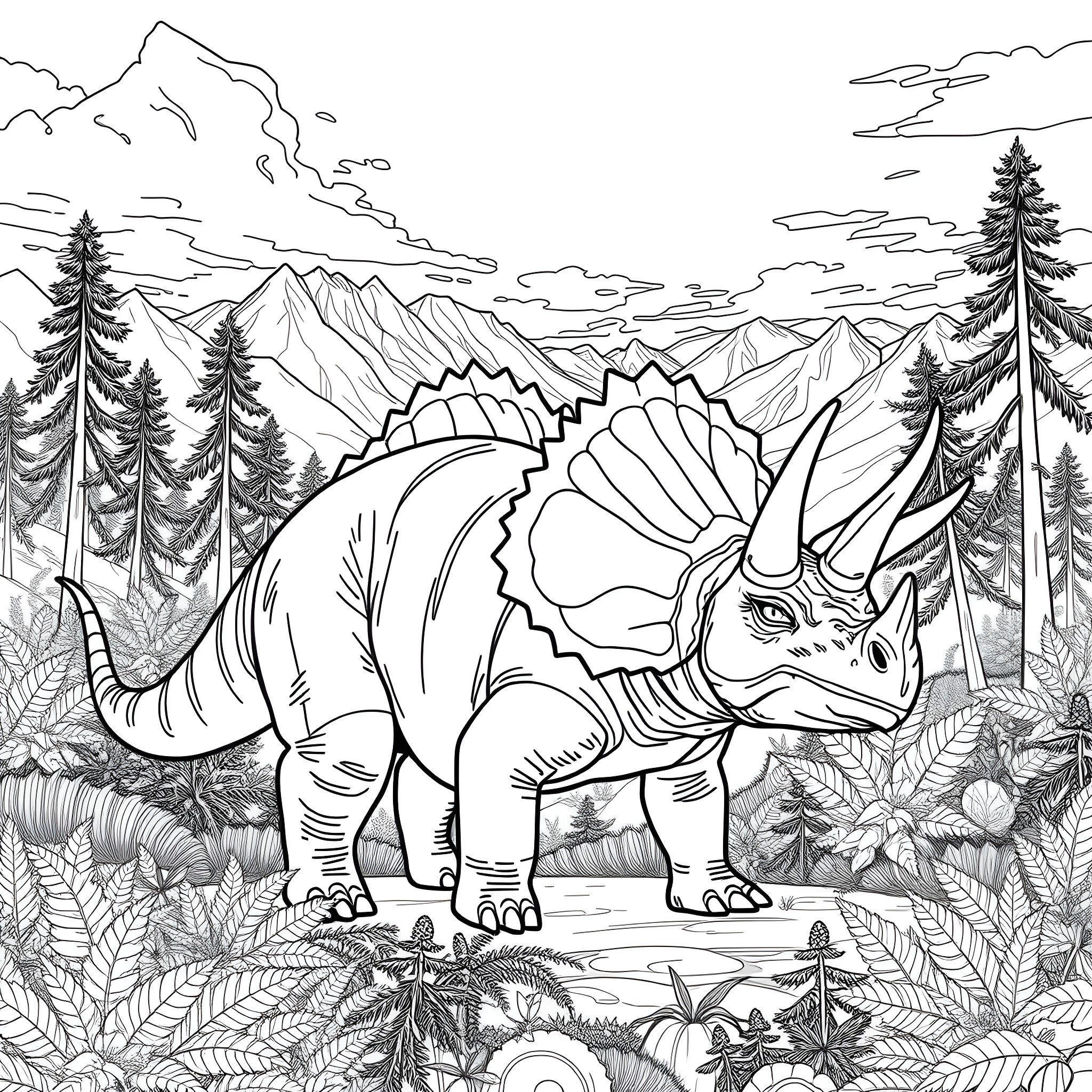 Triceratops standing proudly in a lush prehistoric landscape Coloring Page (free black-and-white line drawing printable PDF for all, from beginners to advanced learners, including children, teens, adults, and seniors)