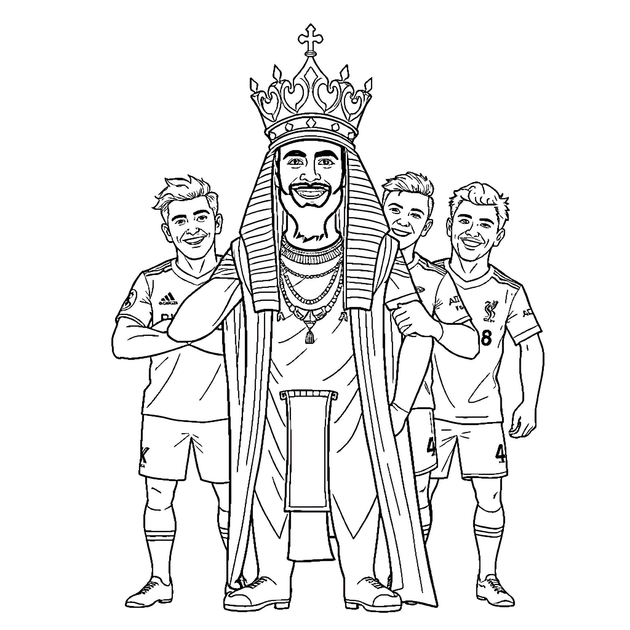 Salah with his teammates in traditional garments Coloring Page (free black-and-white line drawing printable PDF for all, from beginners to advanced learners, including children, teens, adults, and seniors)