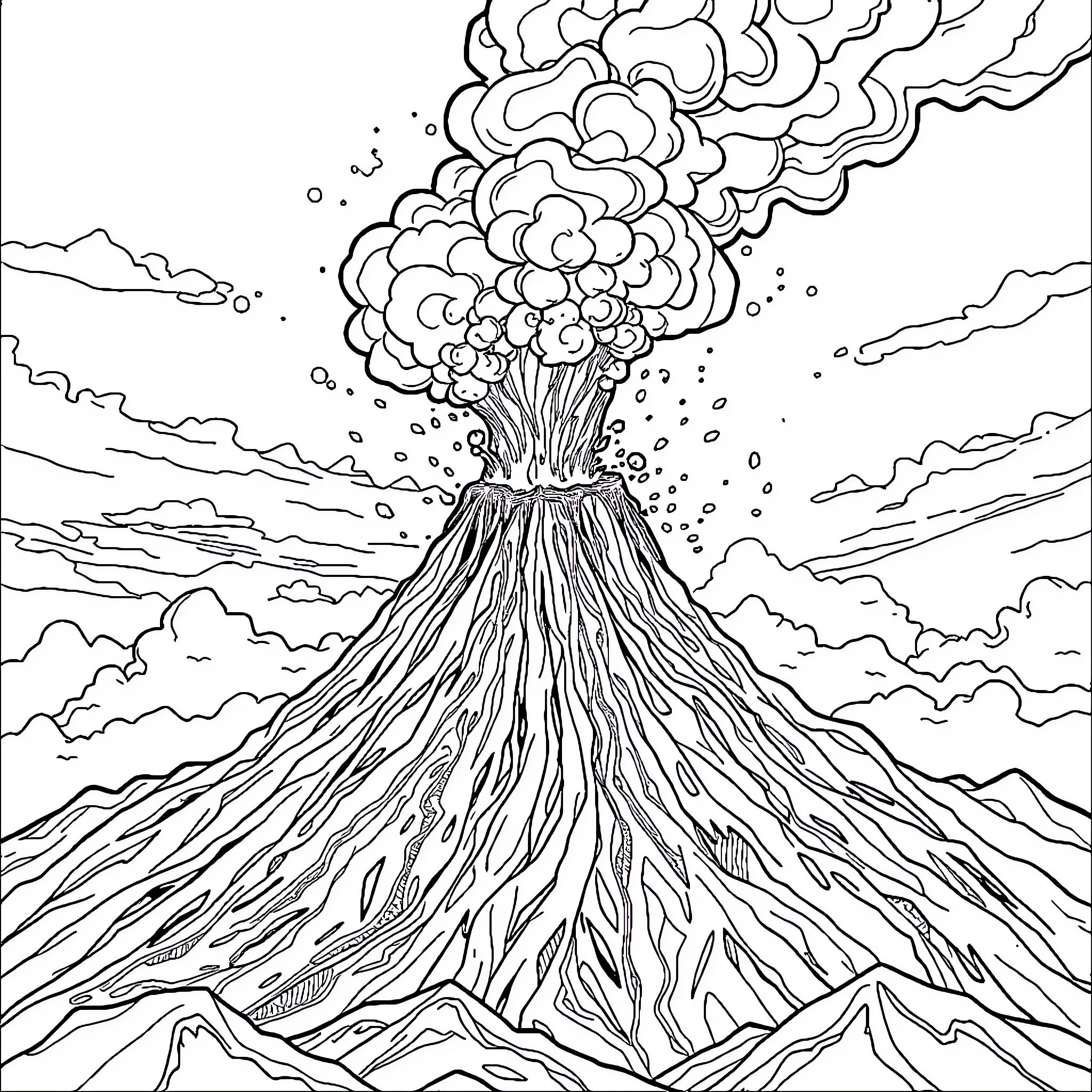 Volcano erupting with dramatic smoke plumes Coloring Page (free black-and-white line drawing printable PDF for all, from beginners to advanced learners, including children, teens, adults, and seniors)