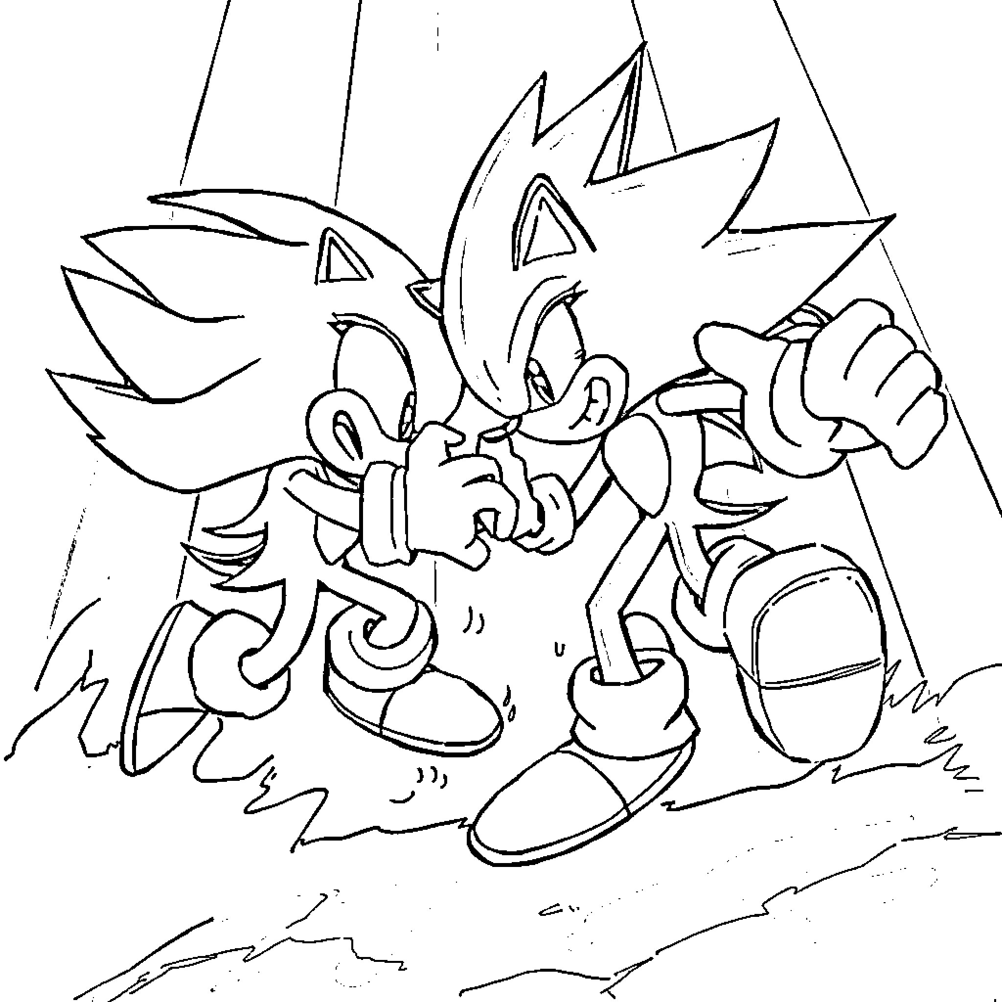 Sonic running in dynamic action pose Coloring Page (free black-and-white line drawing printable PDF for all, from beginners to advanced learners, including children, teens, adults, and seniors)