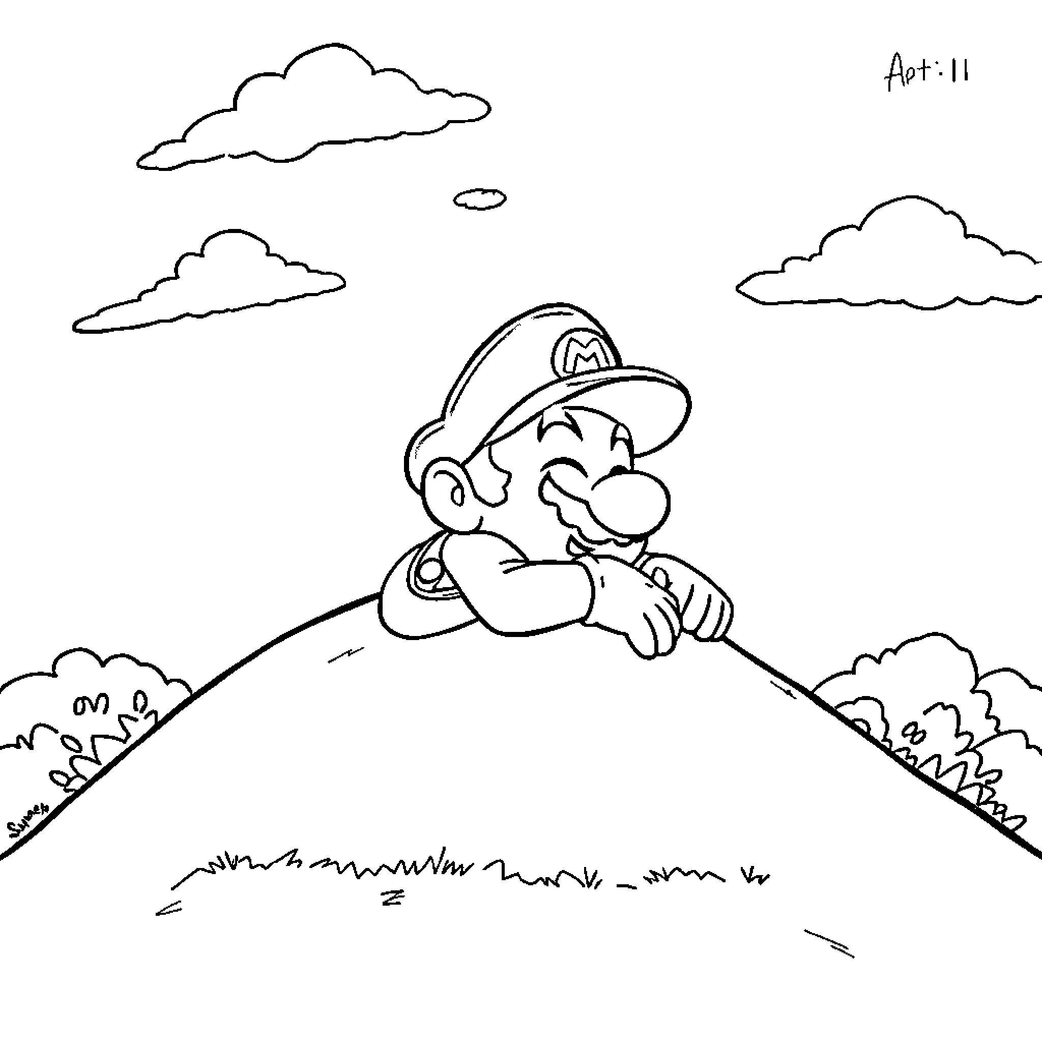 Super Mario Contemplating on a Hill Coloring Page (free black-and-white line drawing printable PDF for all, from beginners to advanced learners, including children, teens, adults, and seniors)