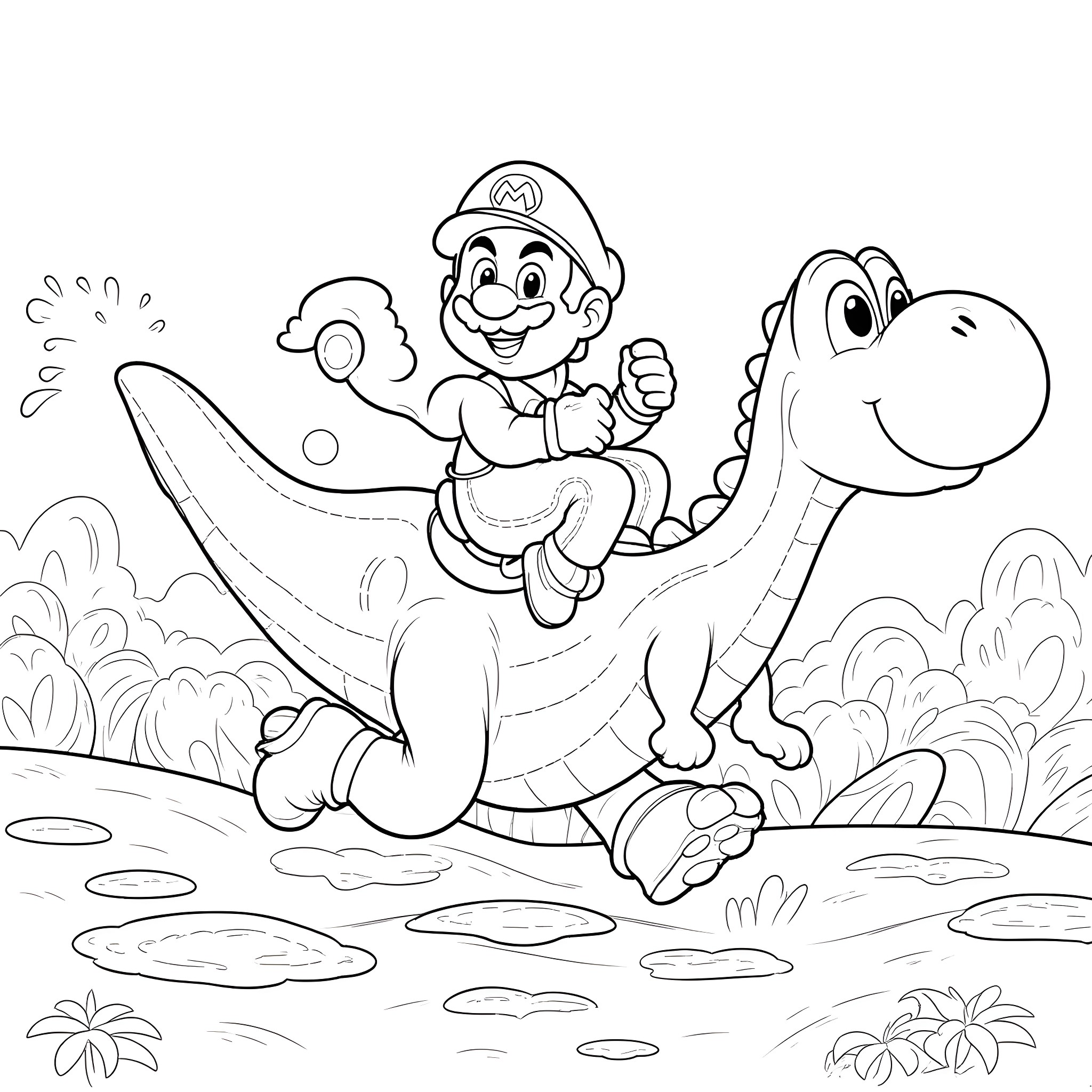 Mario riding a friendly dinosaur Coloring Page (free black-and-white line drawing printable PDF for all, from beginners to advanced learners, including children, teens, adults, and seniors)