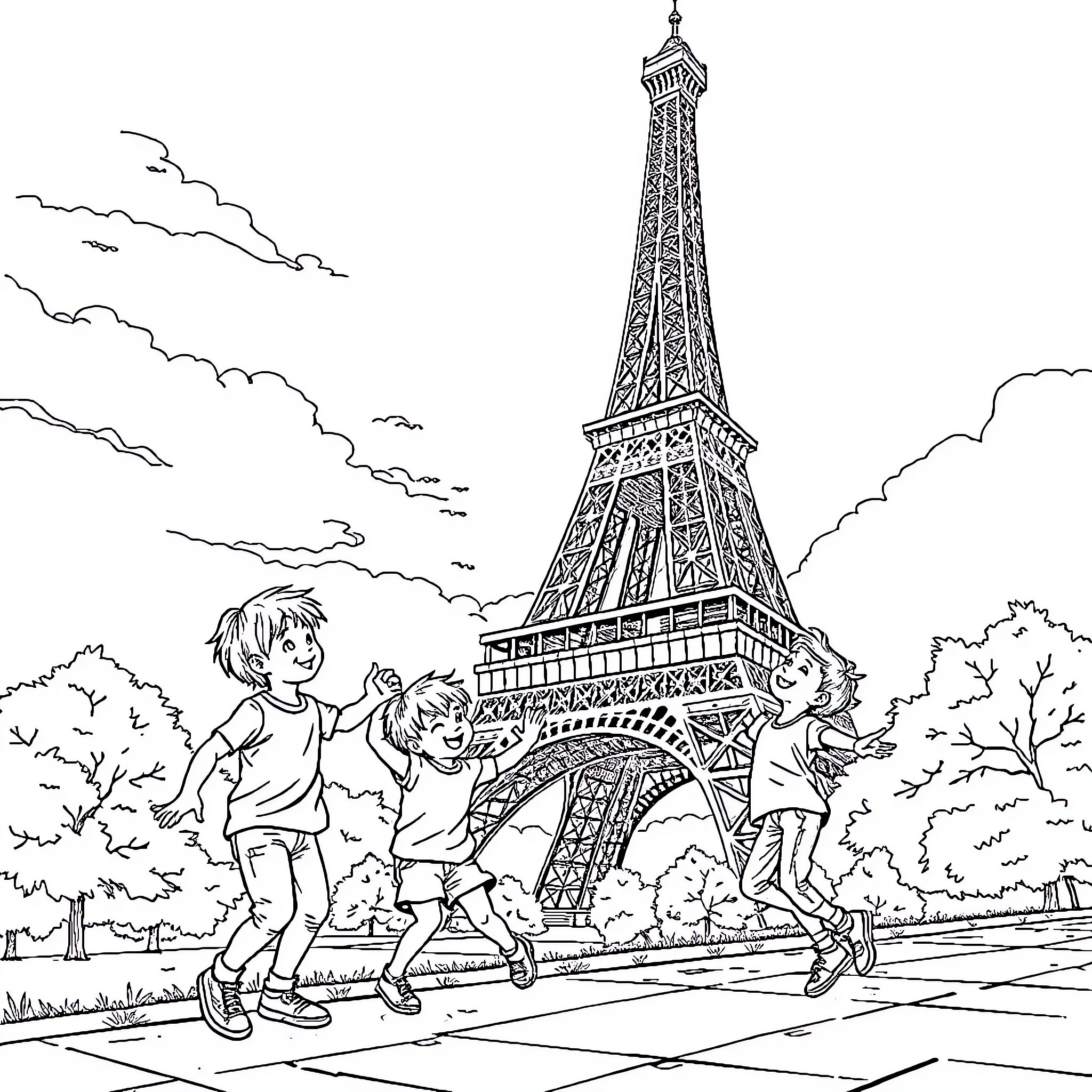 Children exploring the Eiffel Tower in Paris Coloring Page (free black-and-white line drawing printable PDF for all, from beginners to advanced learners, including children, teens, adults, and seniors)