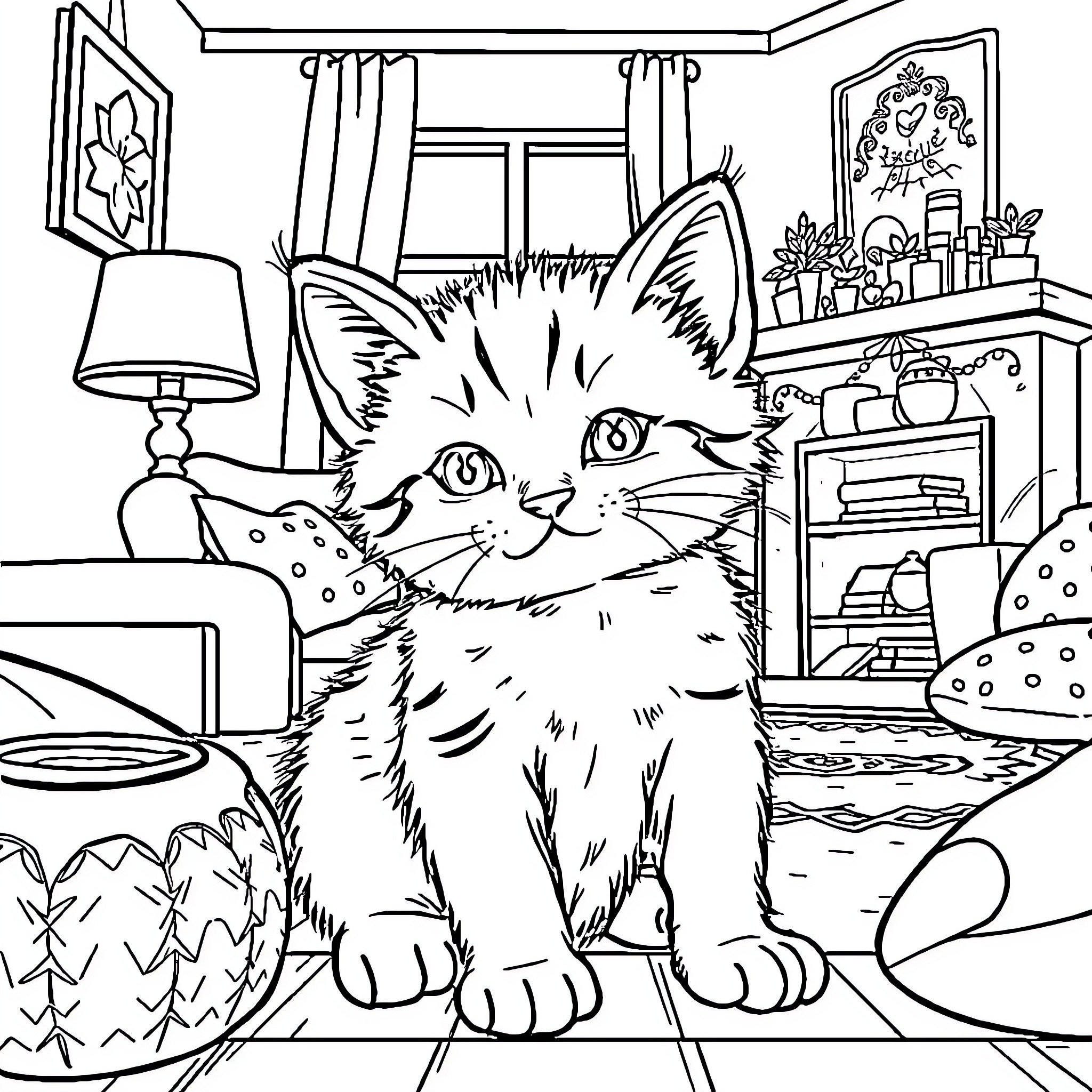 Kitten exploring cozy living room scene Coloring Page (free black-and-white line drawing printable PDF for all, from beginners to advanced learners, including children, teens, adults, and seniors)